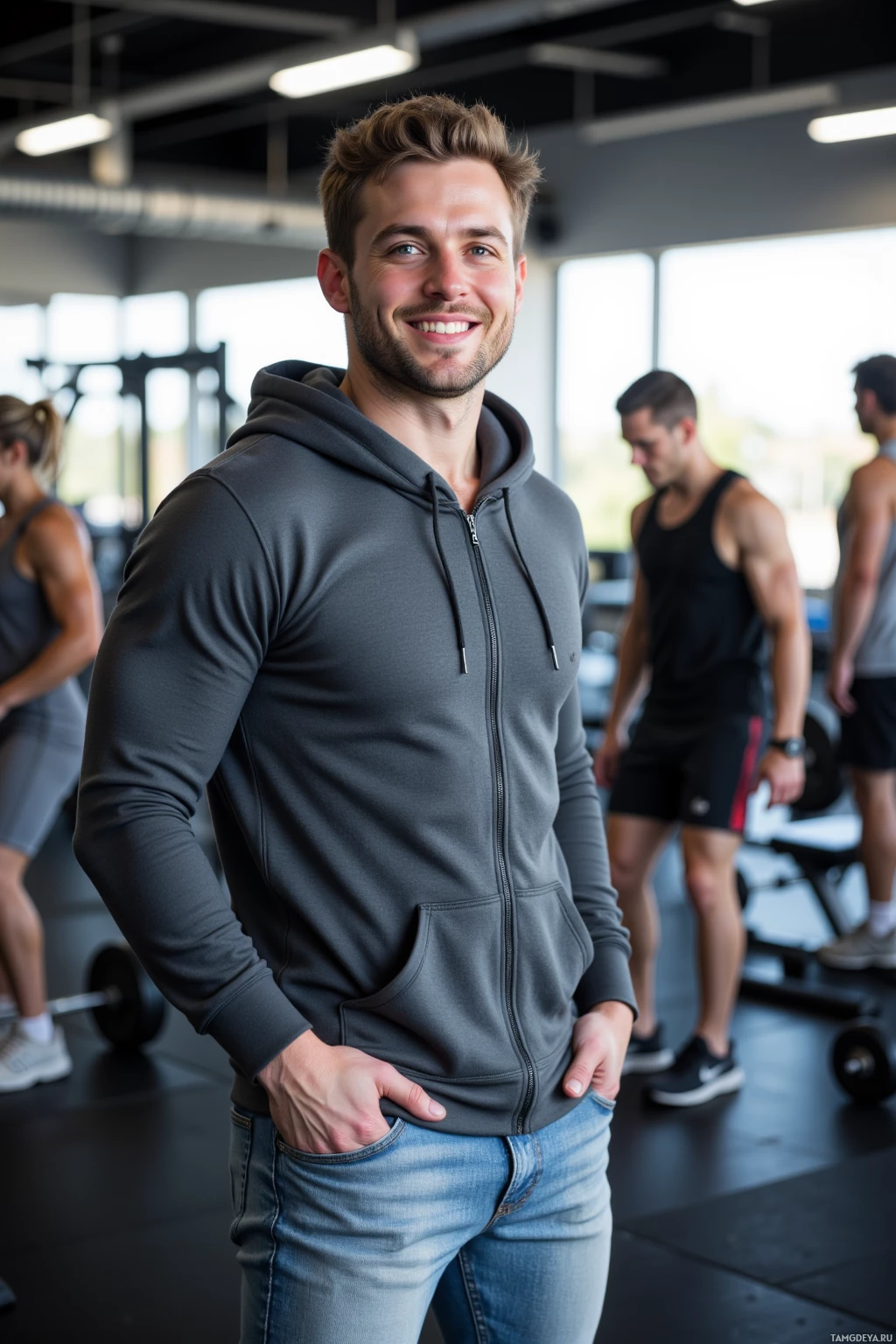 A man in a gym smiles while wearing a hoodie and jeans.