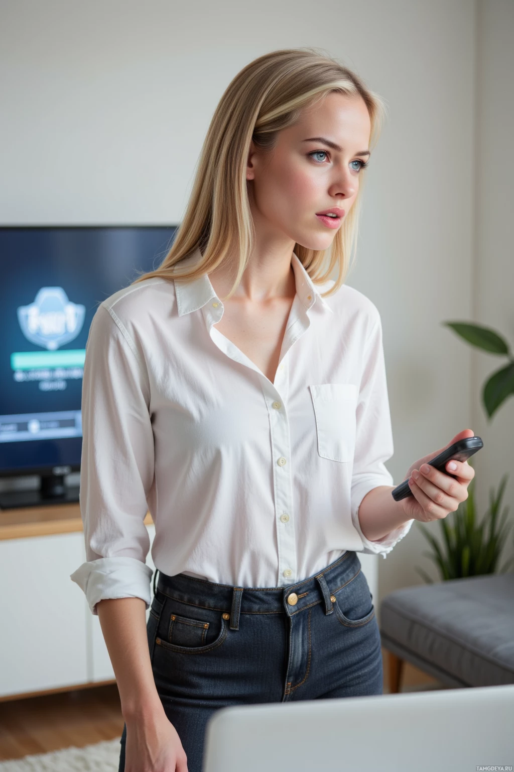 A woman in a white shirt and jeans holds a phone, standing in a room with a TV and a plant.