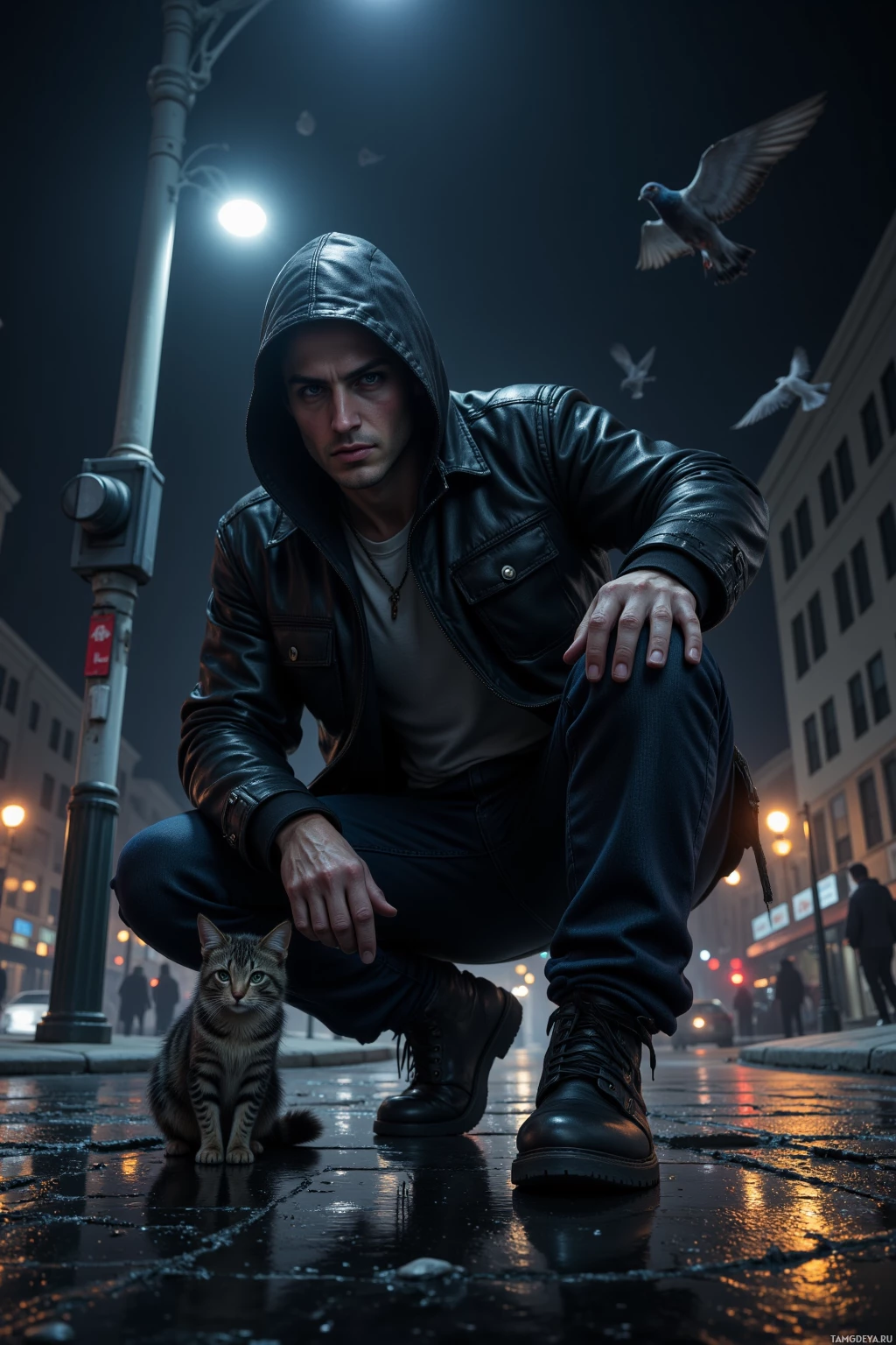 A man in a leather jacket crouches on a wet street at night, with a cat beside him and pigeons flying overhead.