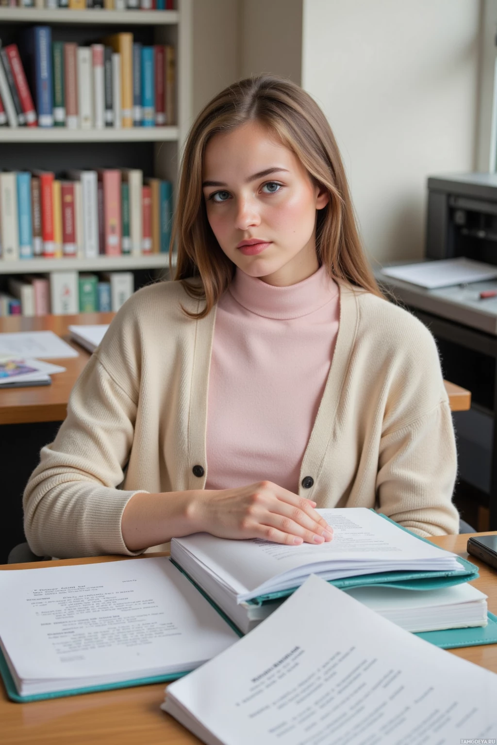 A young woman sits at a desk in a library, surrounded by books and papers.