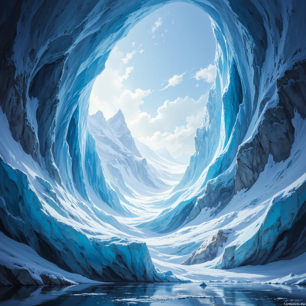 A serene view of a vast icy landscape with a clear blue sky and a large, curved ice formation in the foreground.