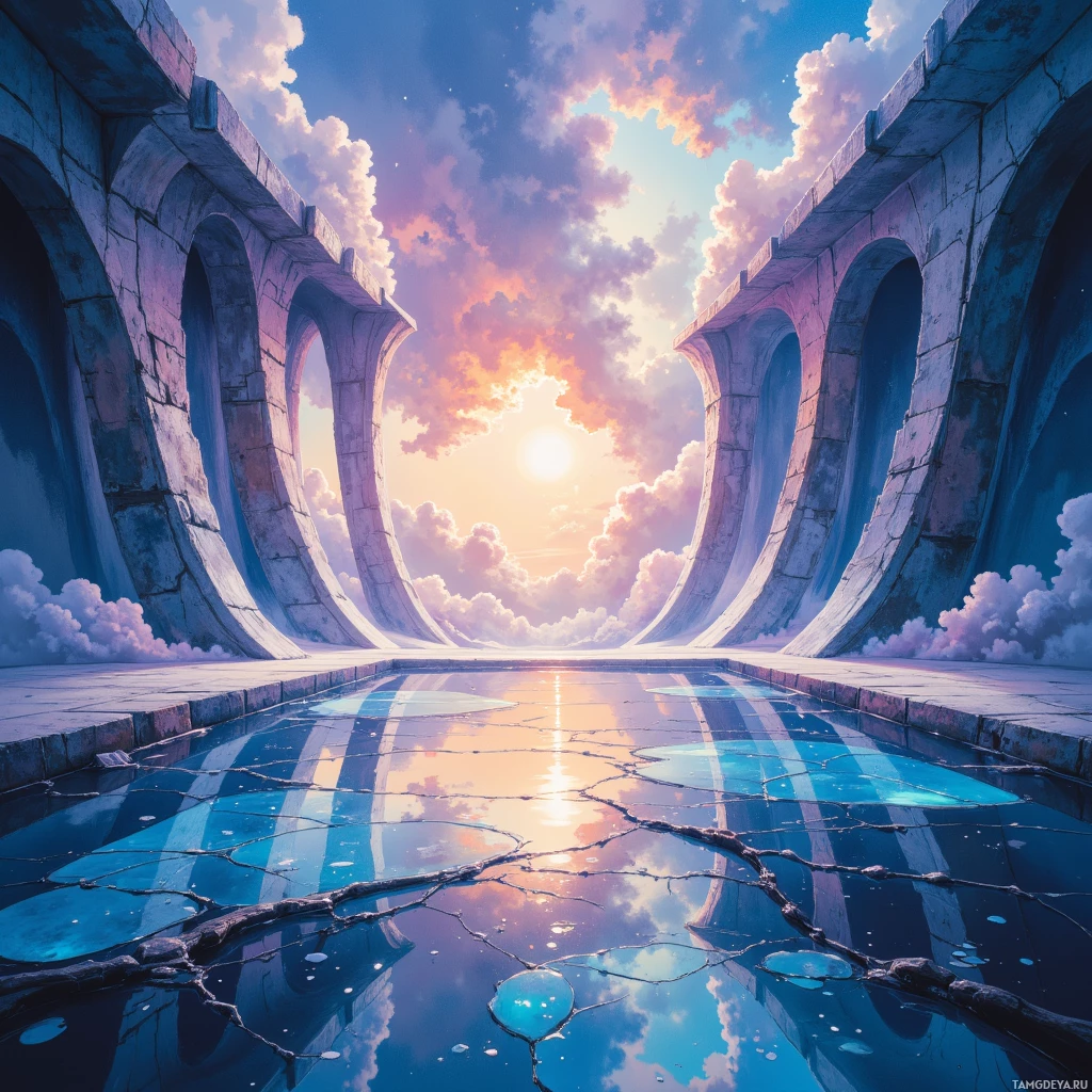 A serene scene featuring a reflective pool under a vibrant sky with arching stone structures.