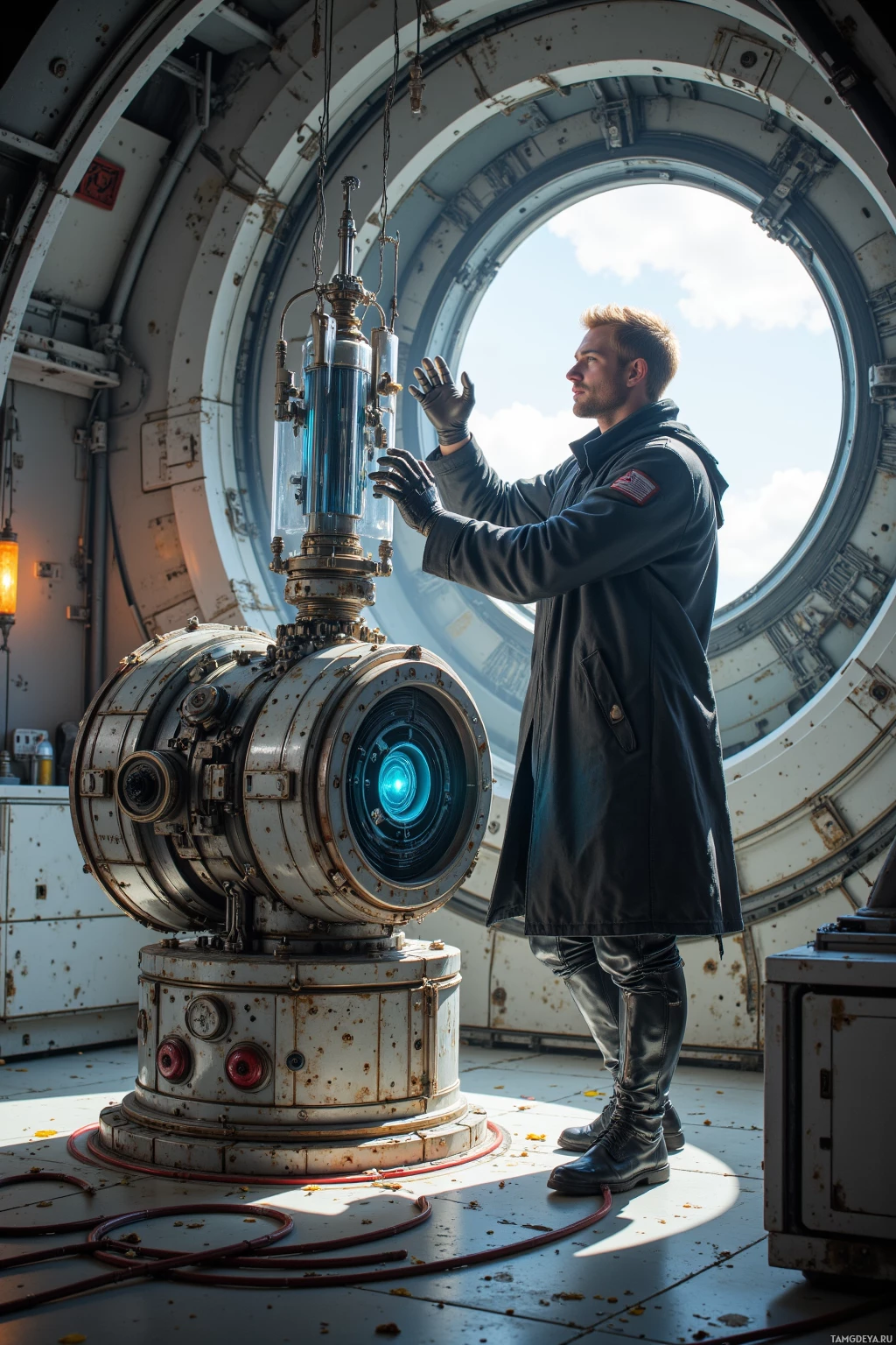 A person in a futuristic setting interacts with a glowing, high-tech device.