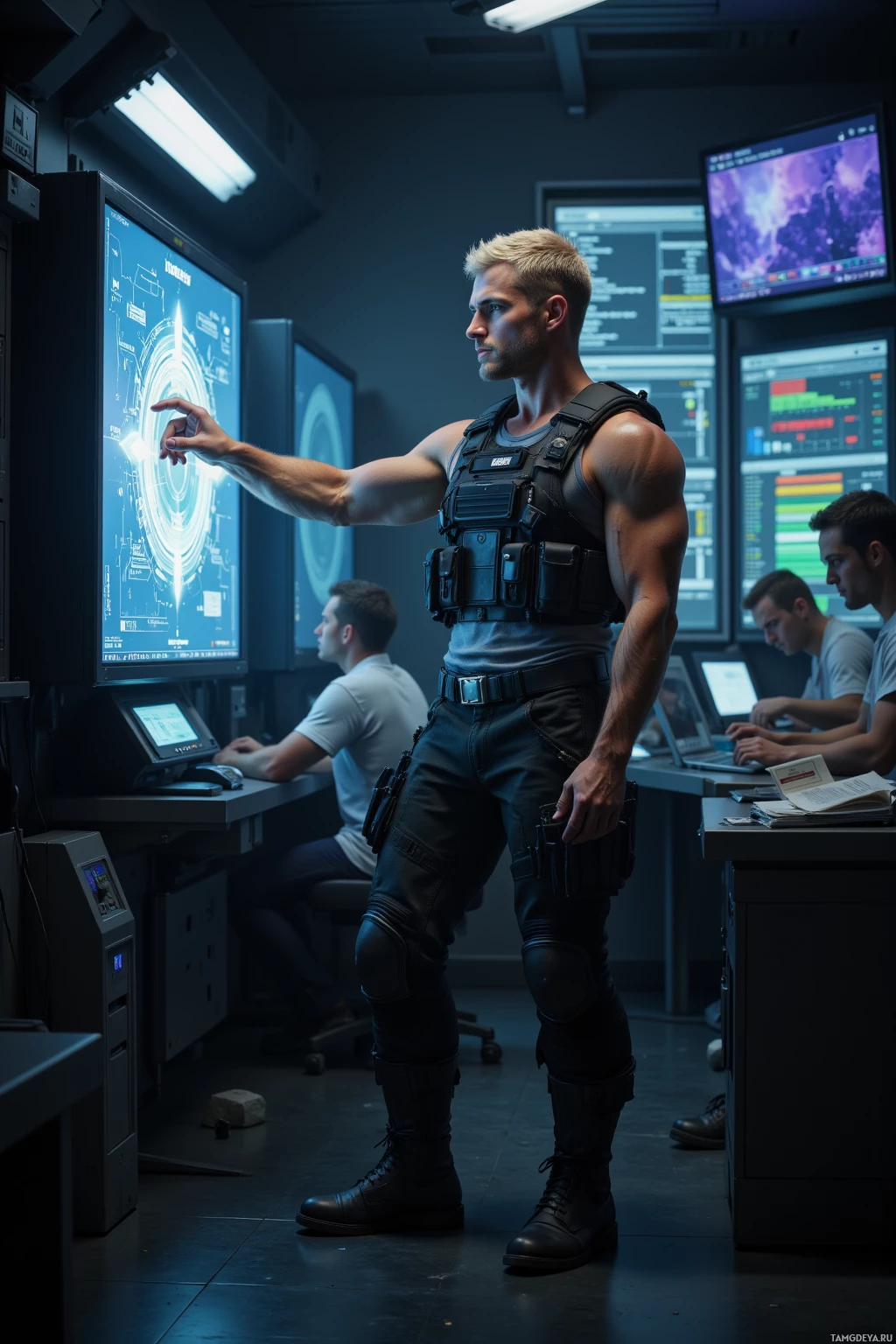 A muscular man in tactical gear stands in a high-tech control room, interacting with a large screen.