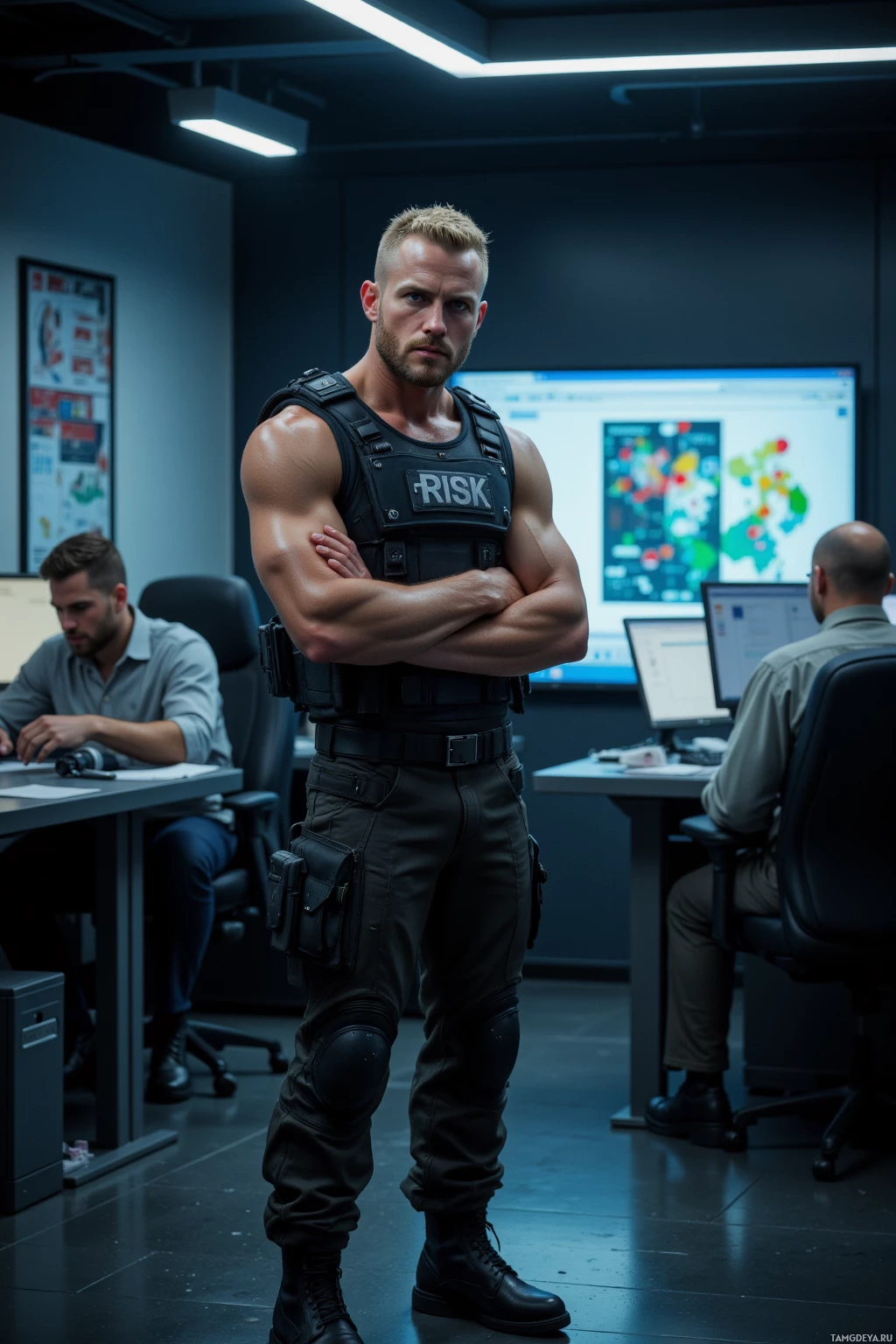 A muscular man in tactical gear stands confidently in a modern office setting.
