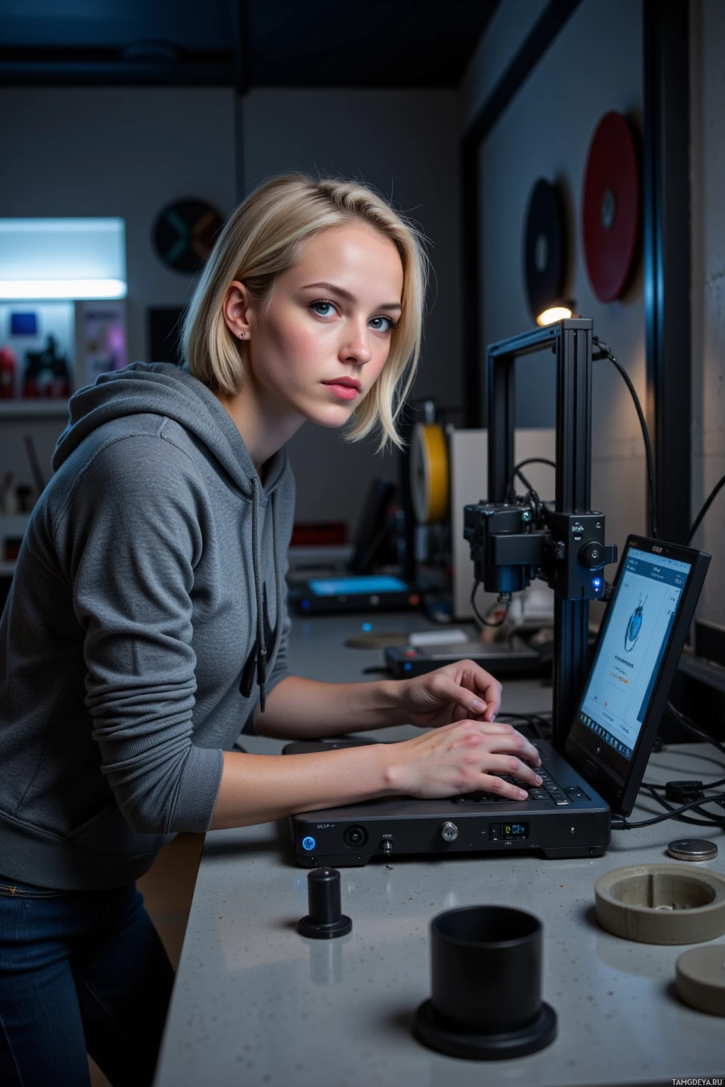 A person in a hoodie works on a laptop in a workspace with a 3D printer and other equipment.