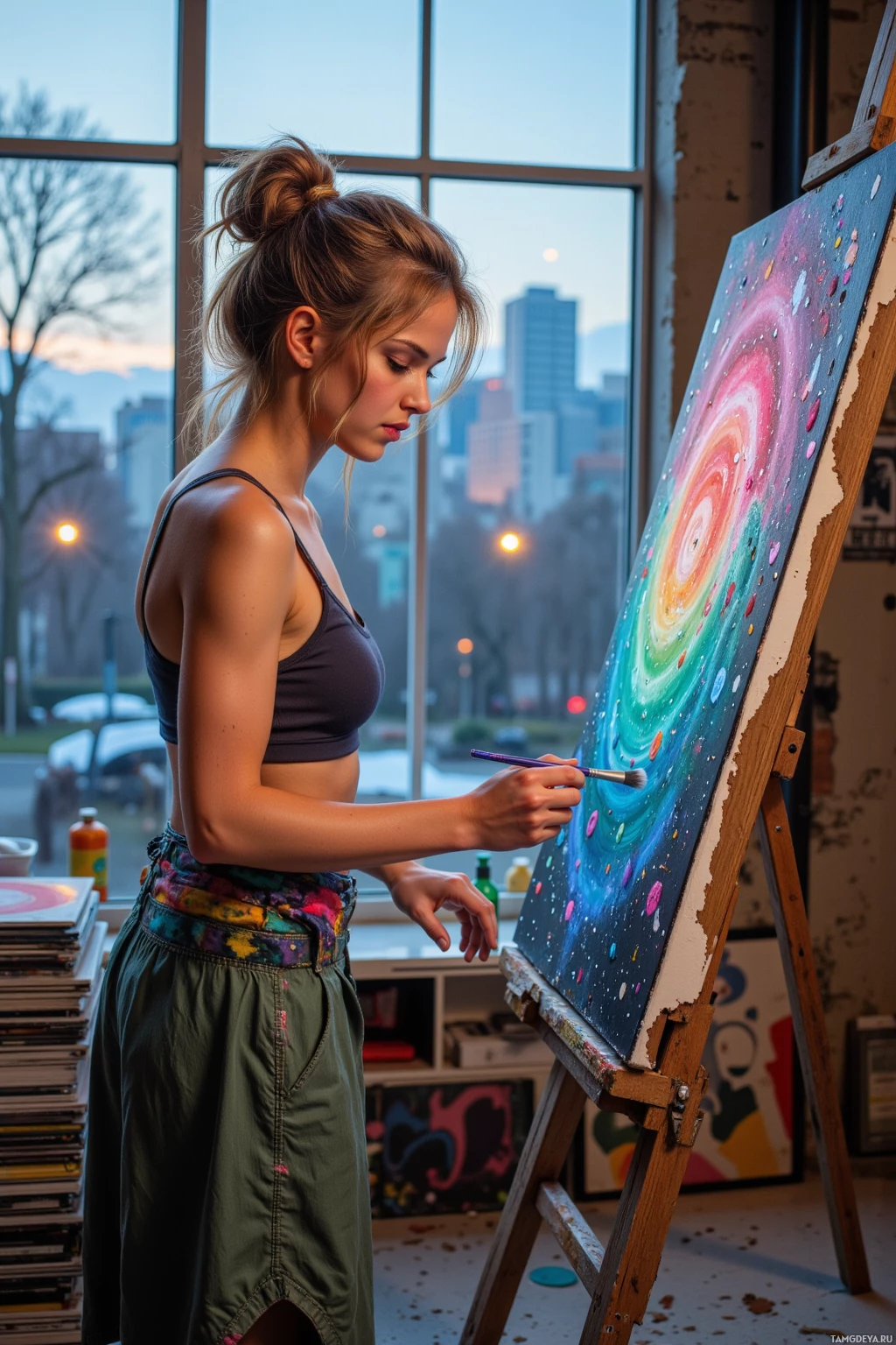 A woman paints a vibrant, abstract spiral on canvas in a studio with a cityscape view.