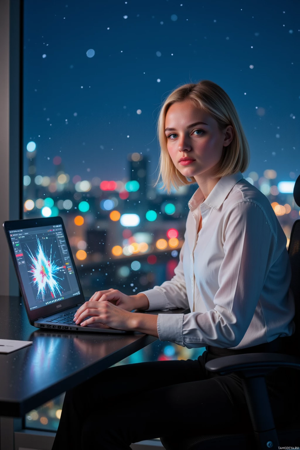 A woman sits at a desk in front of a laptop, with a cityscape and bokeh lights in the background.