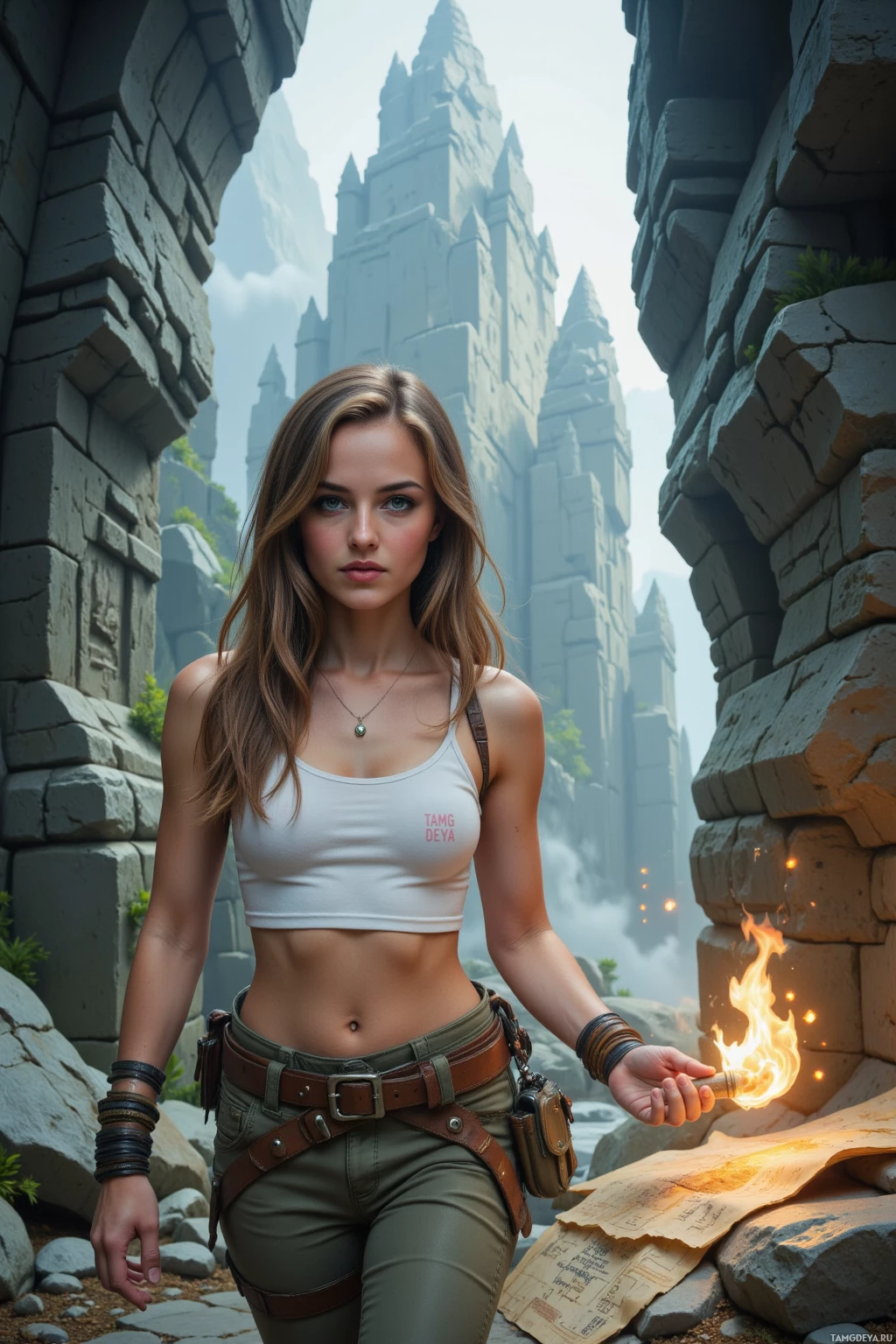 A woman stands in a stone archway, holding a torch, with ancient ruins and a castle in the background.