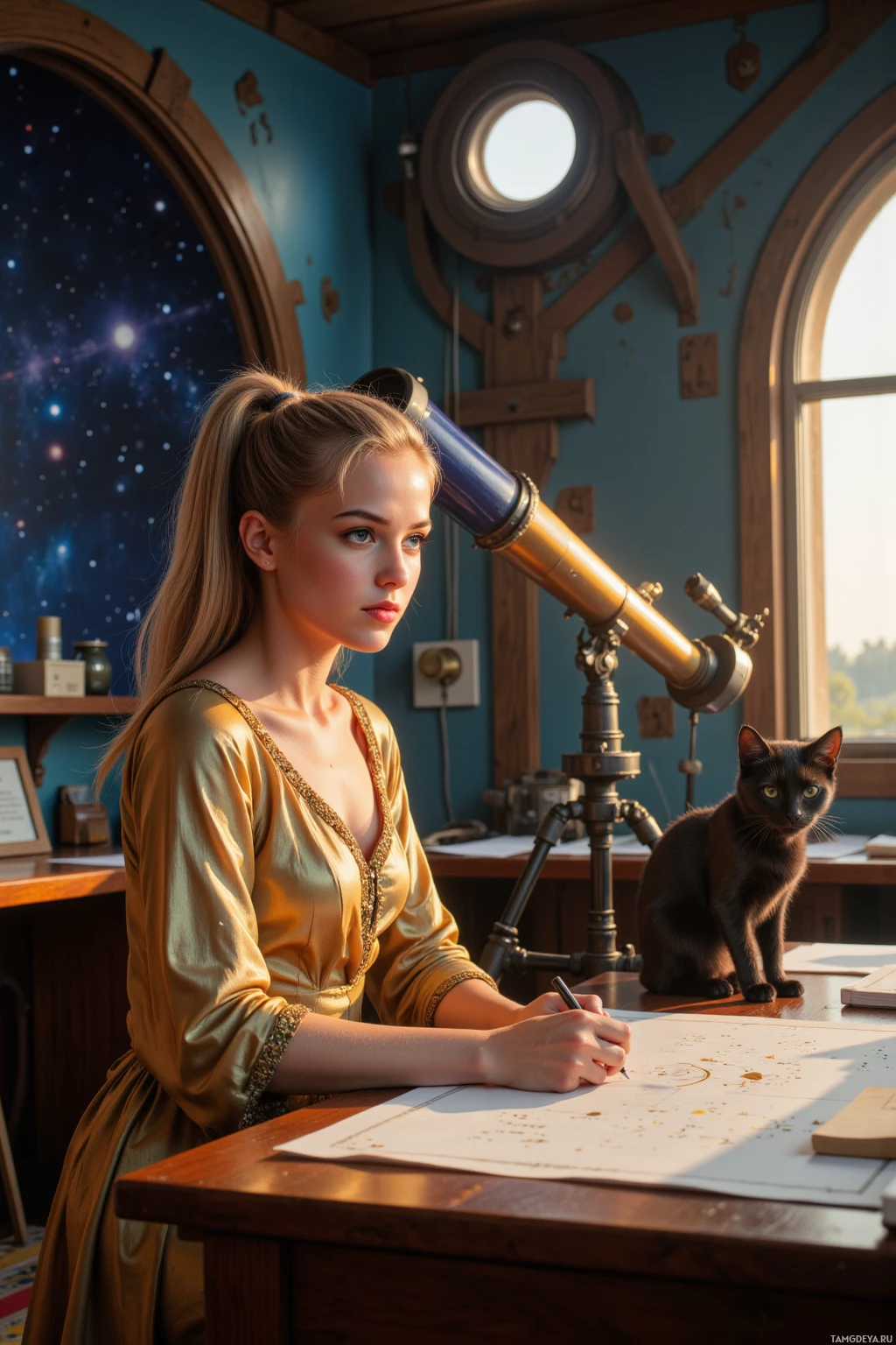 A woman in a golden dress sits at a desk, writing, with a telescope and a cat nearby.