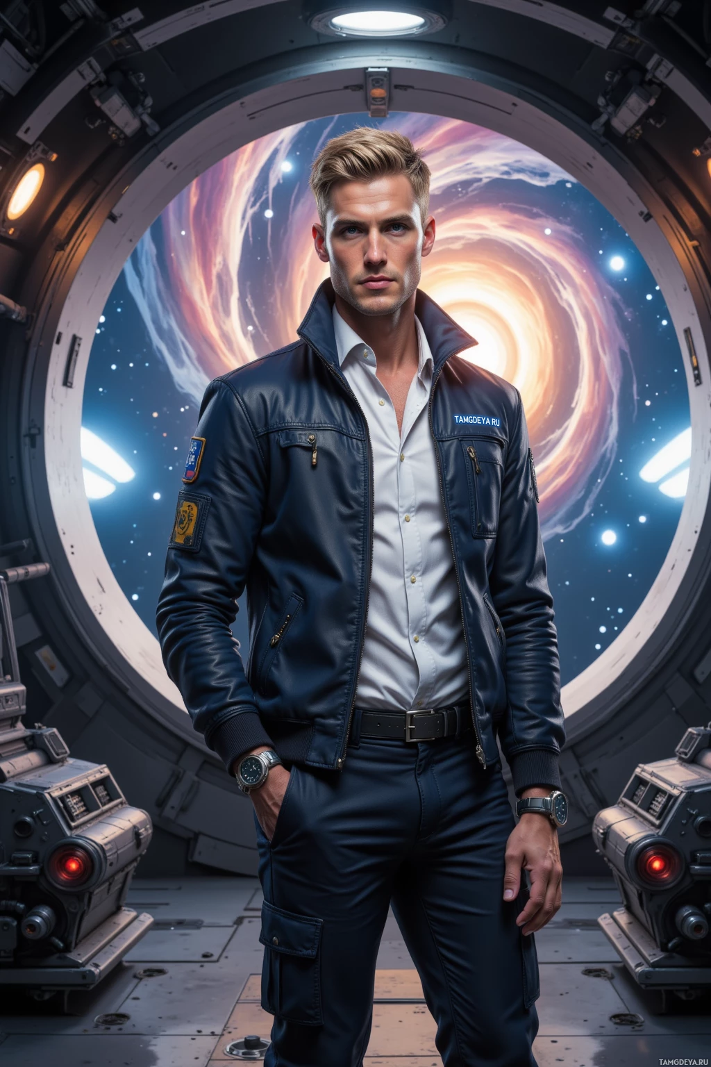 A man in a space suit stands in a futuristic setting with a cosmic background.