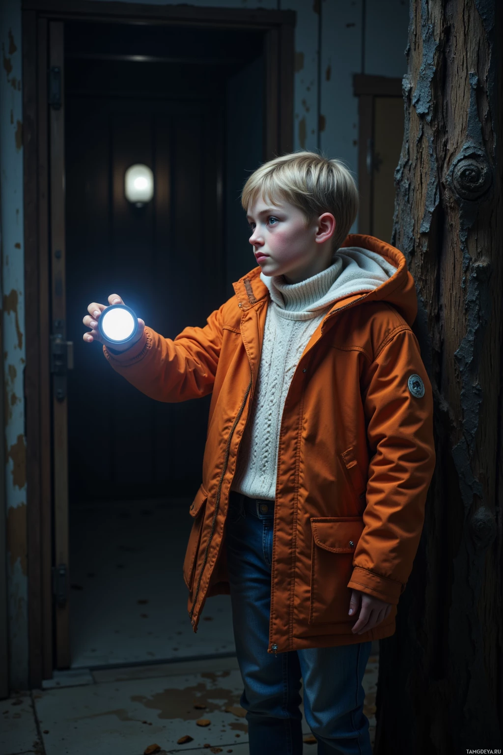 A young boy in an orange jacket holds a flashlight in a dimly lit hallway.