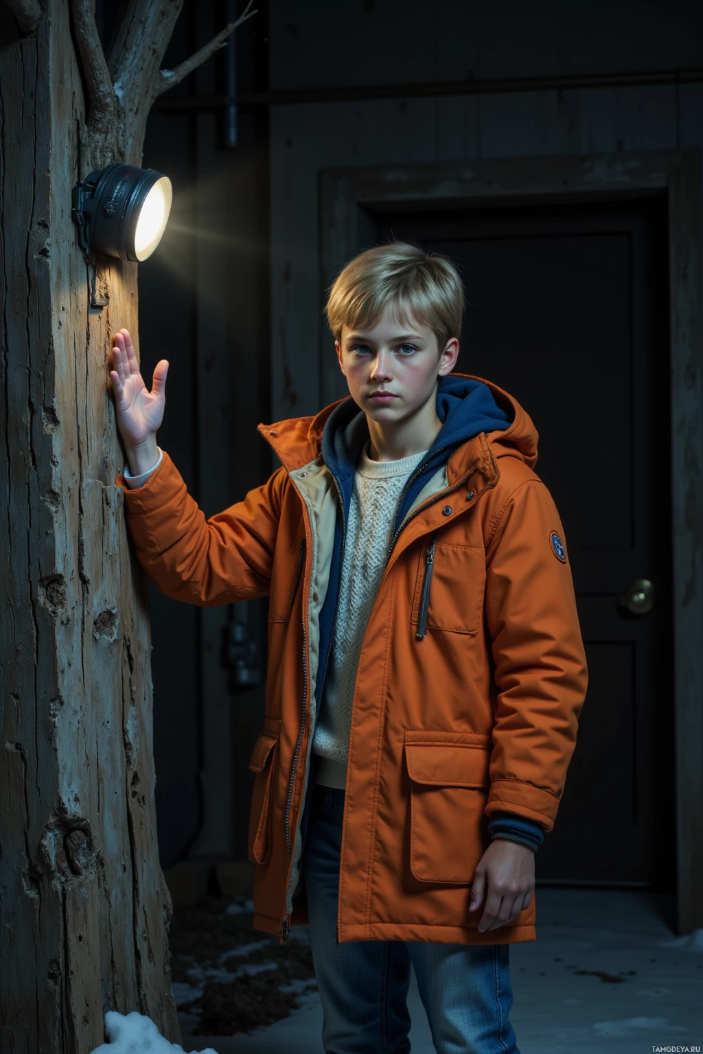 A young boy stands outdoors in a winter setting, wearing a warm orange coat and jeans, with a light fixture illuminating a tree trunk behind him.