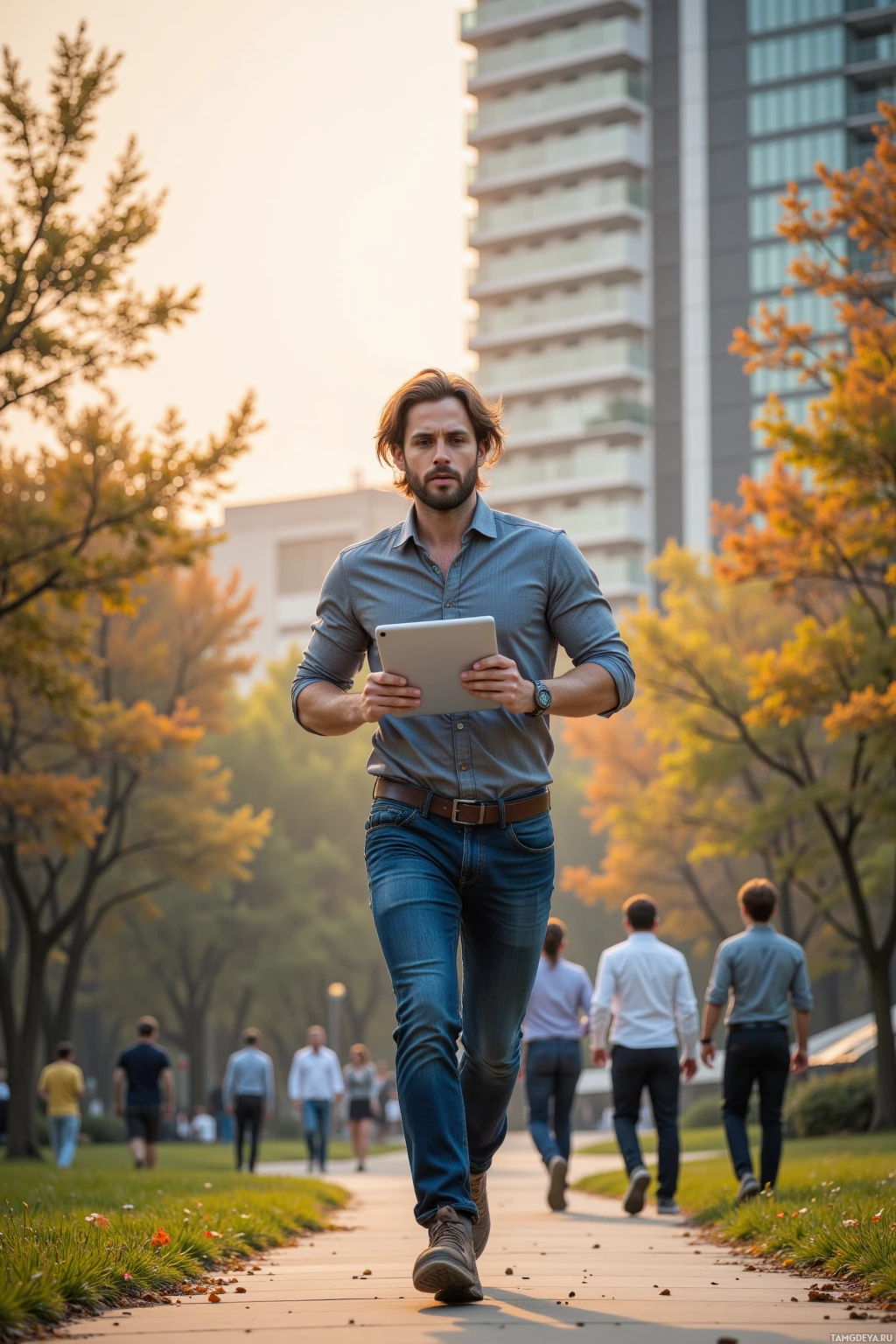A man walks on a path in a park, holding a tablet, with trees and buildings in the background.