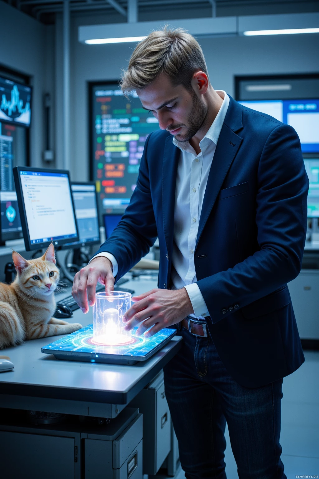 A man in a suit interacts with a glowing, futuristic device on a desk, with a cat observing nearby.