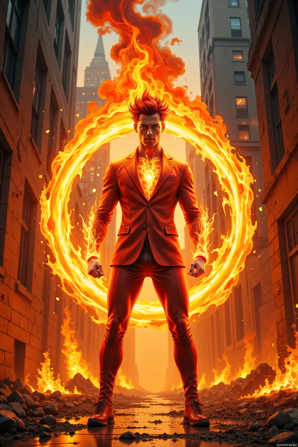 A man in a suit stands amidst a fiery ring in an urban alleyway.