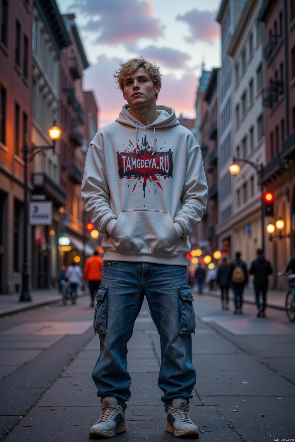 A person stands on a city street at dusk, wearing a hoodie and jeans.