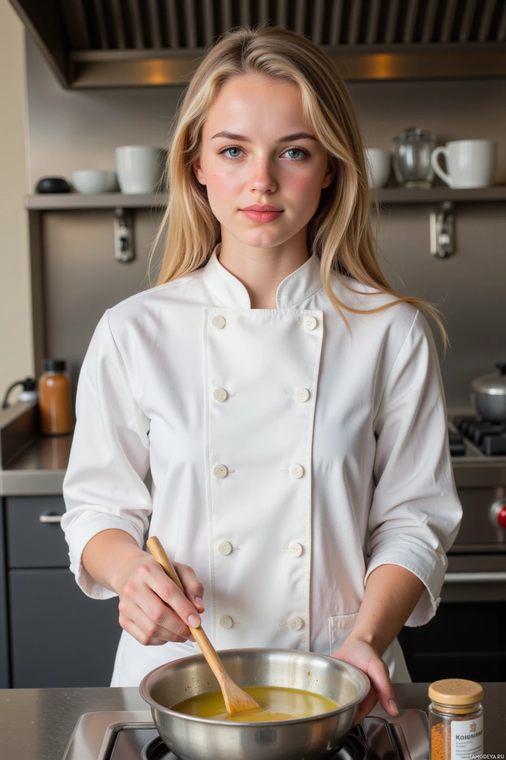 A person in a white chef's coat is stirring a bowl of yellow mixture in a kitchen.