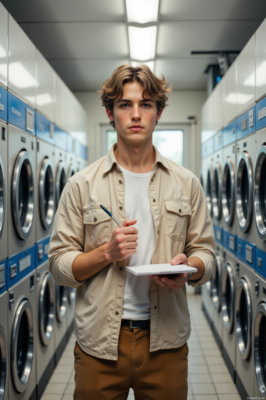 A young man stands in a laundromat, holding a notepad and pen.
