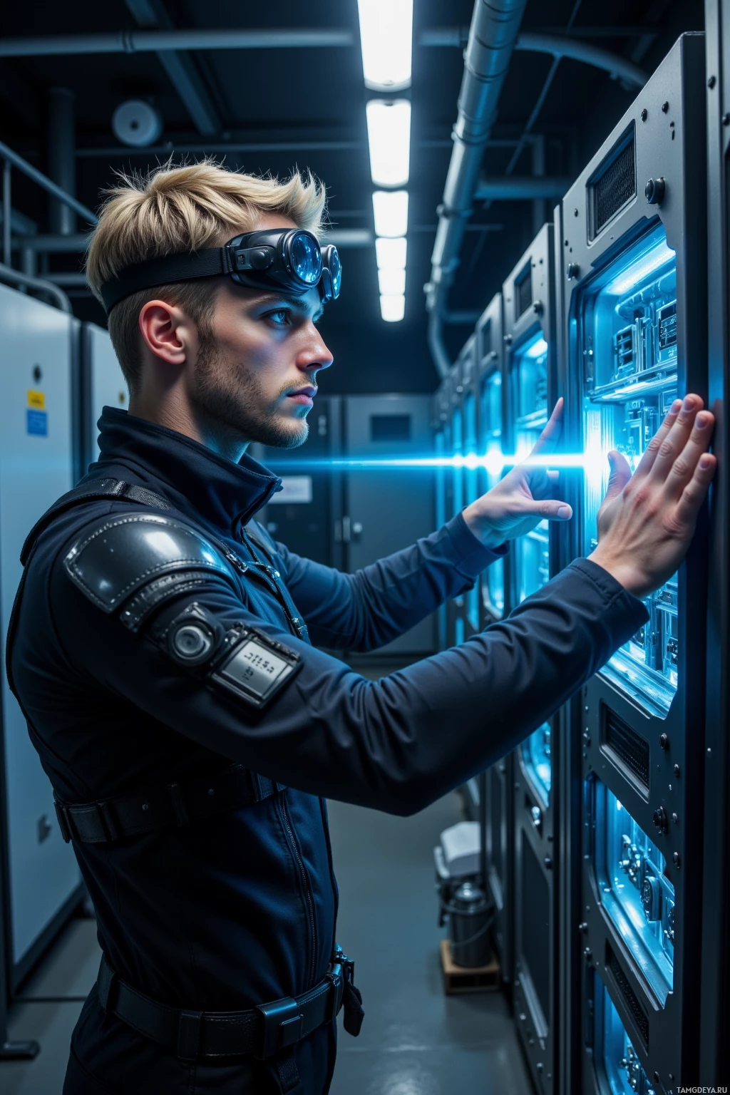 A person in a futuristic outfit interacts with a high-tech server in a dimly lit room.