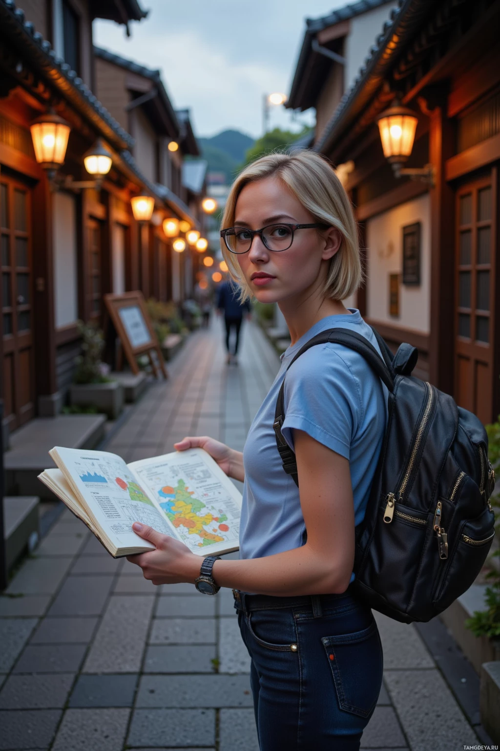 A person with a backpack and book stands on a street with traditional buildings and lanterns.