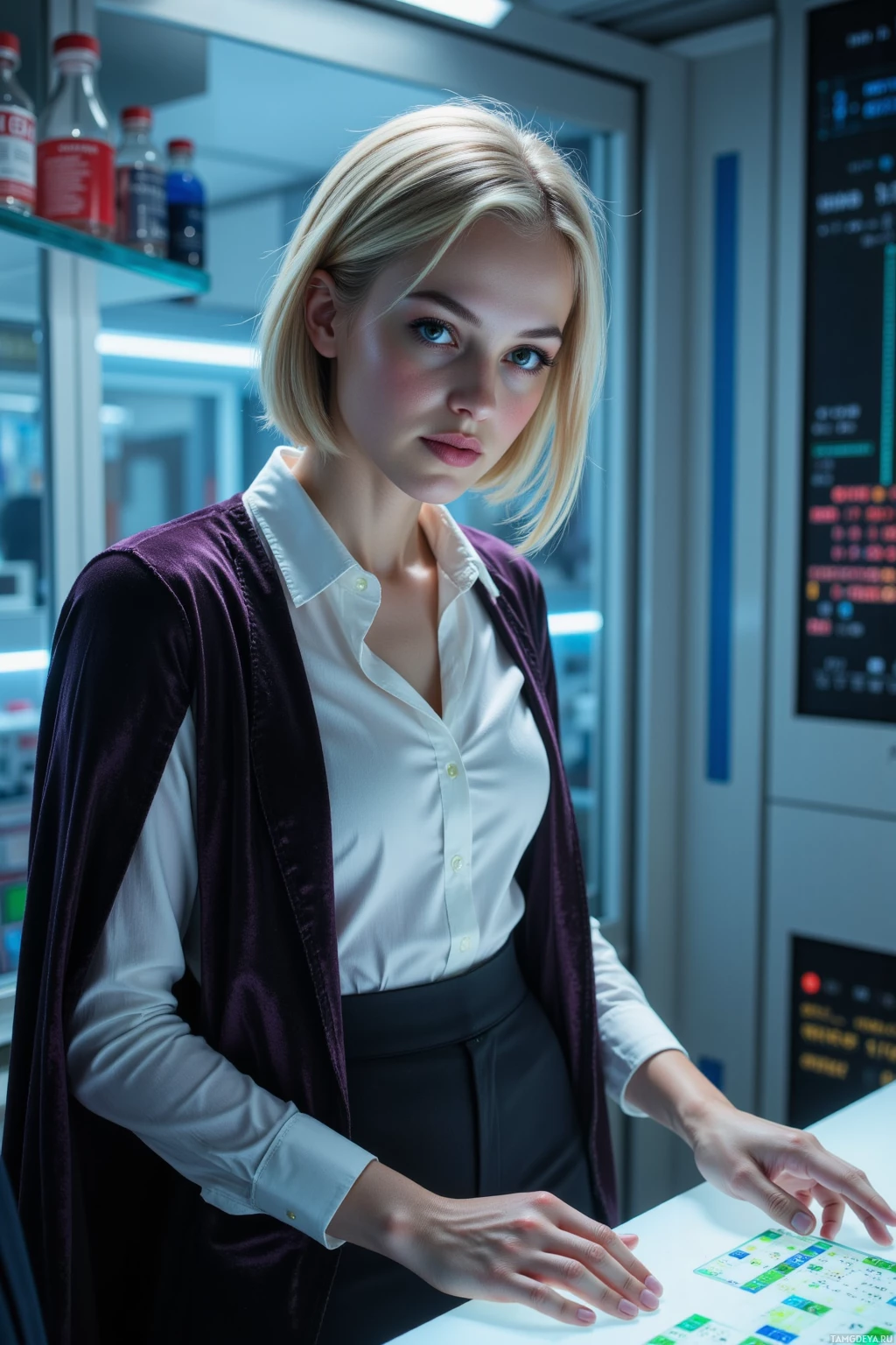A woman in a lab setting, wearing a white shirt and a dark vest, stands near a control panel.