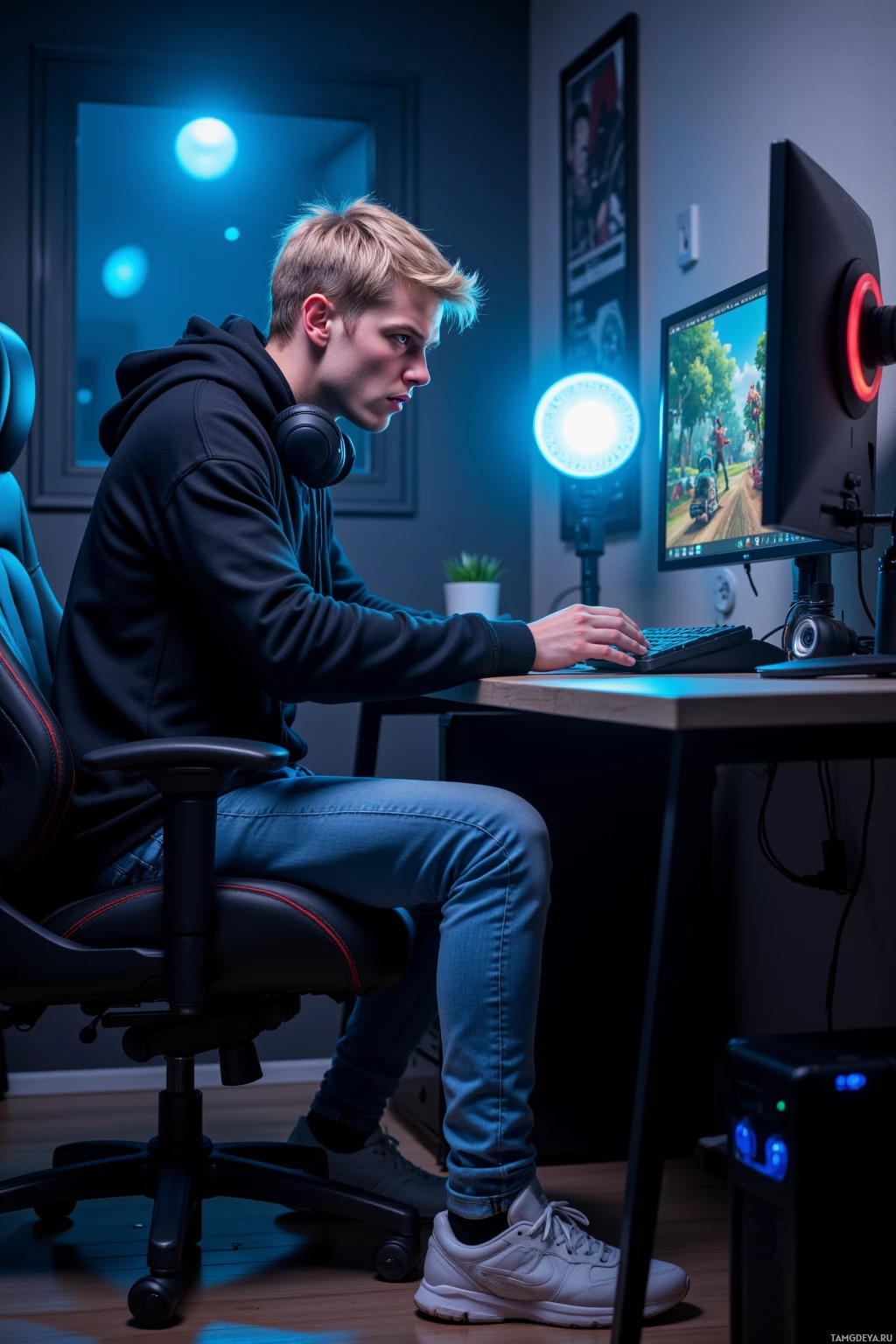A person is sitting at a desk, focused on a computer screen displaying a game.