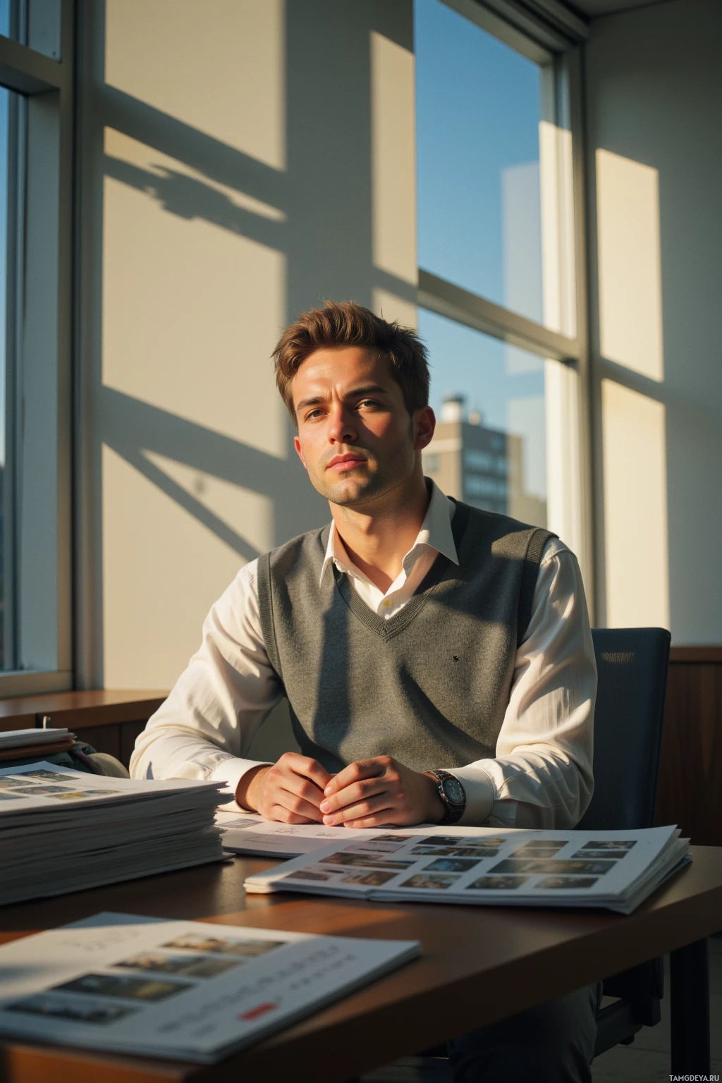 A man sits at a desk in a well-lit office, surrounded by papers and books.