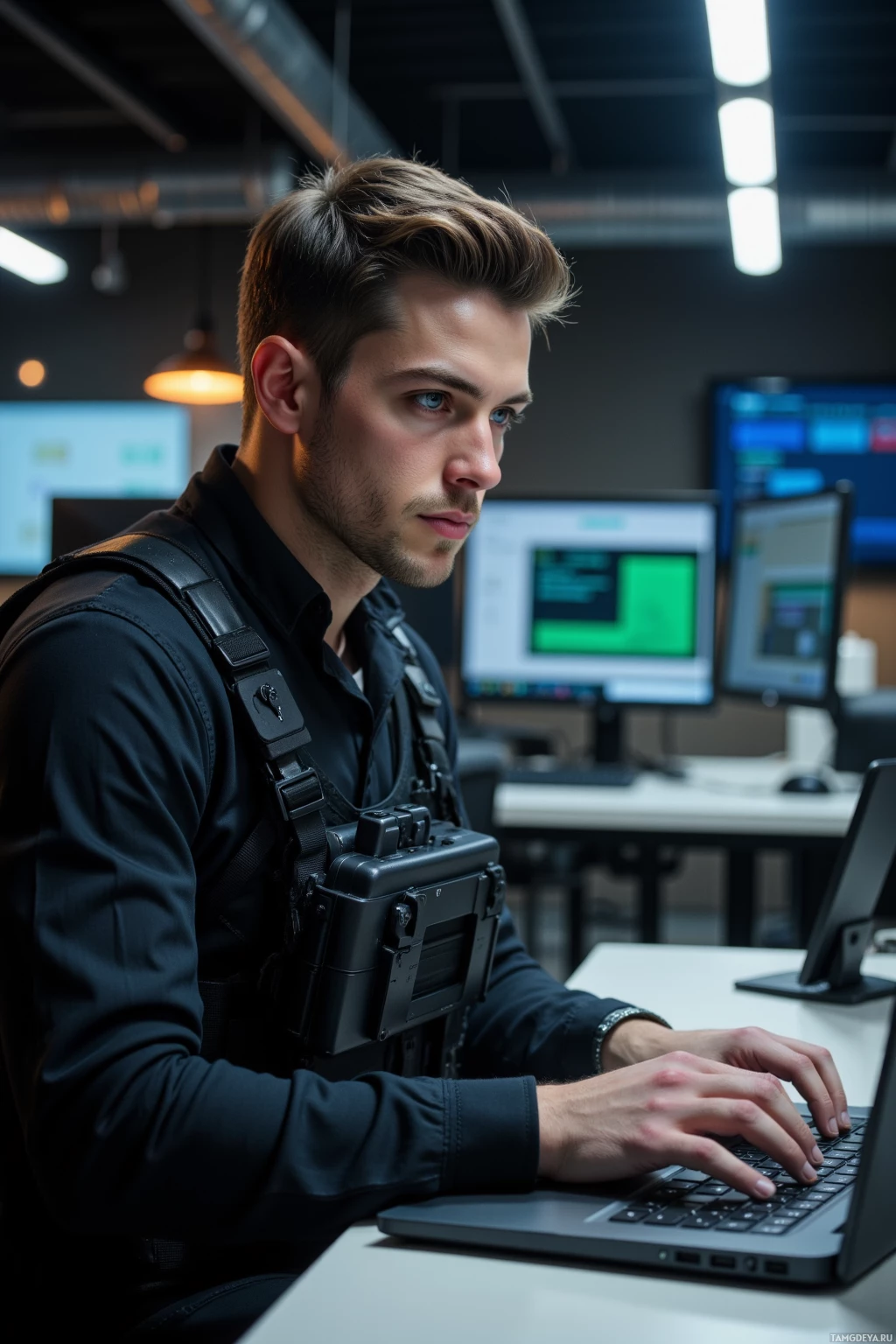 A man in a black shirt and tactical vest works on a laptop in a modern office setting.