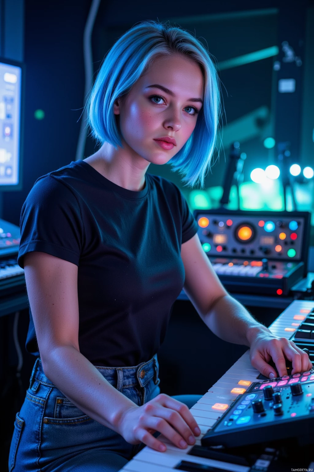 A person with blue hair sits at a keyboard in a dimly lit studio with colorful lights.