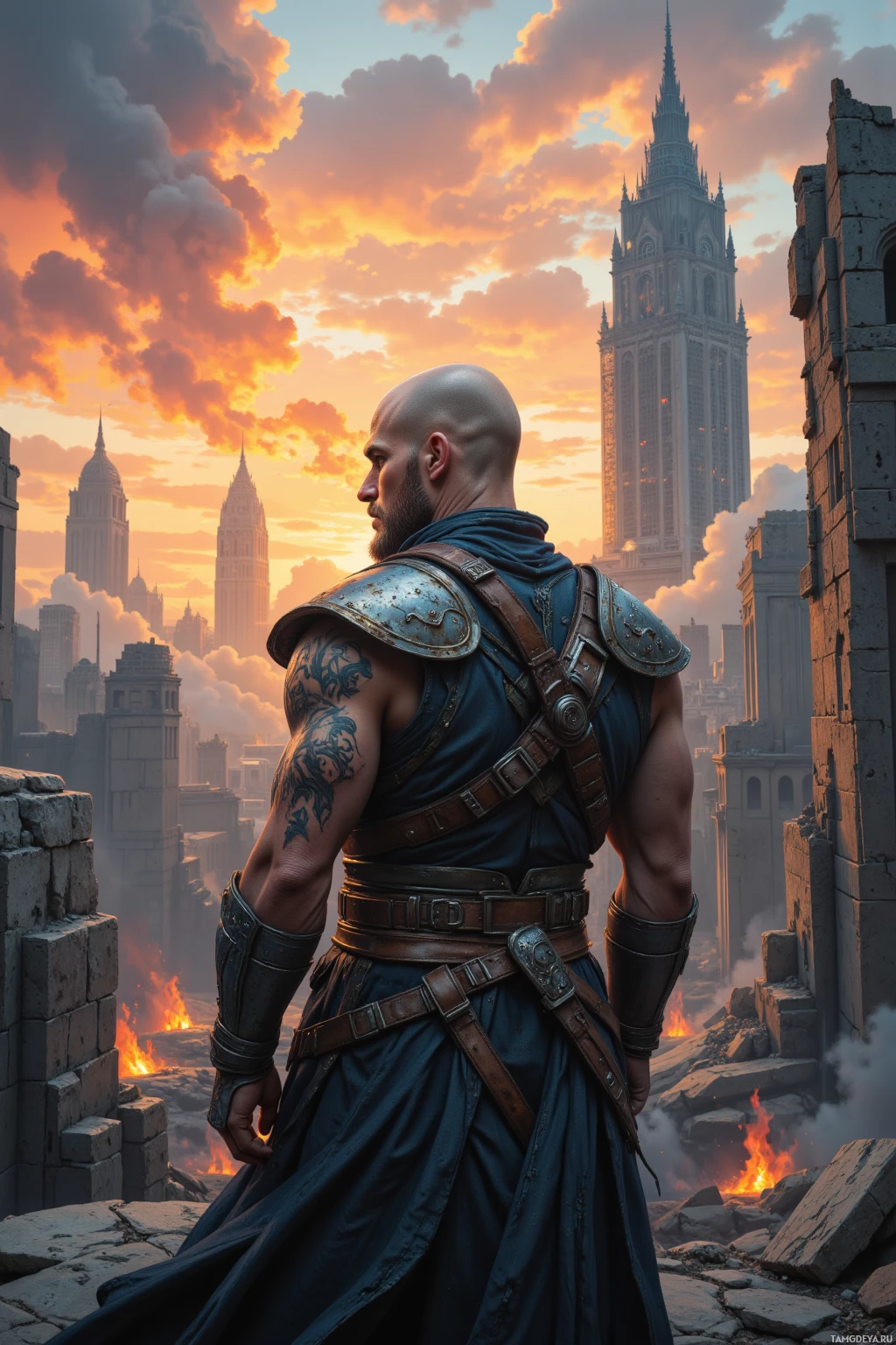A muscular warrior stands atop ruins, gazing at a distant cityscape under a dramatic sky.