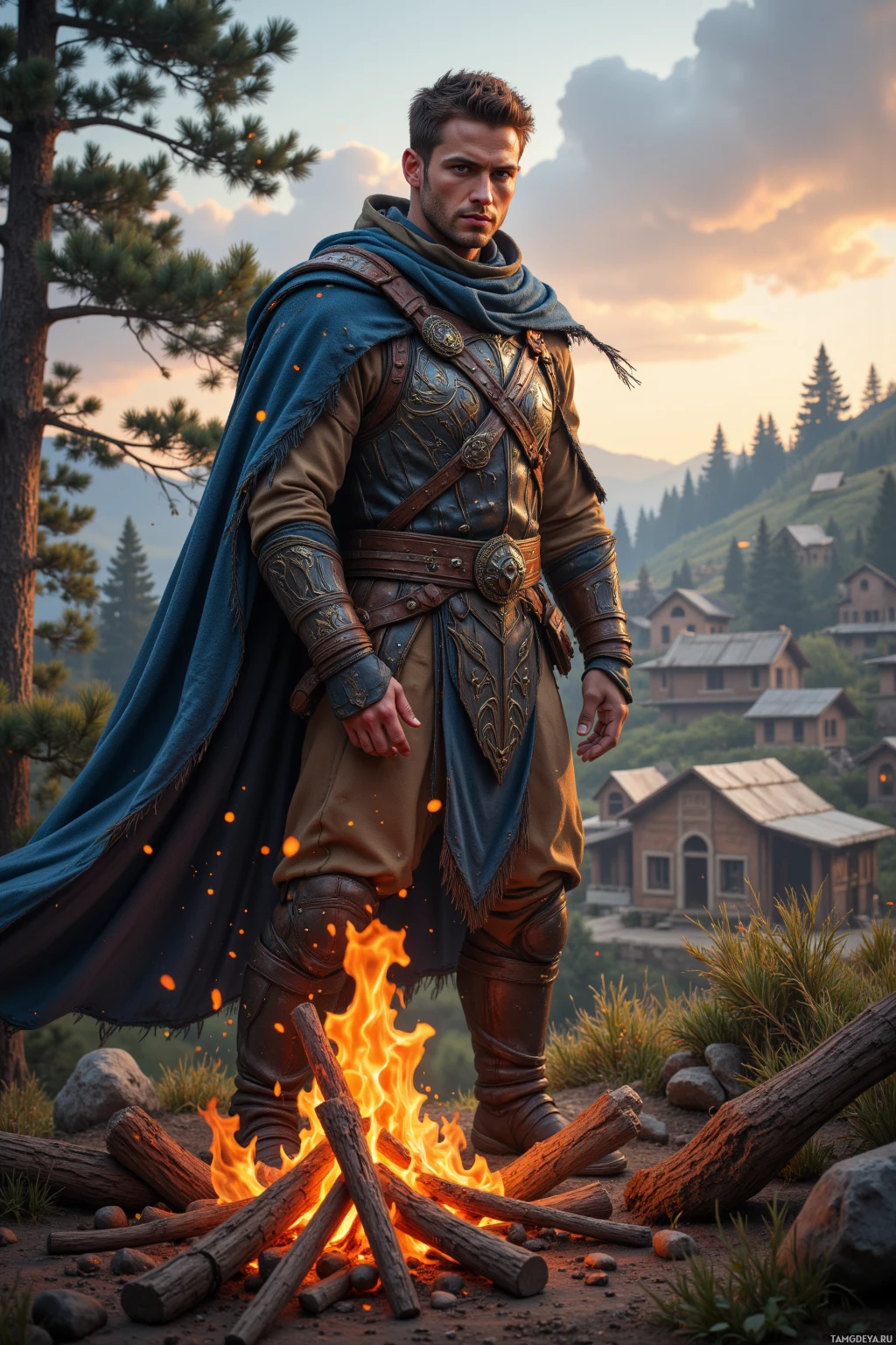 A warrior in ornate armor stands beside a campfire in a mountainous village at sunset.