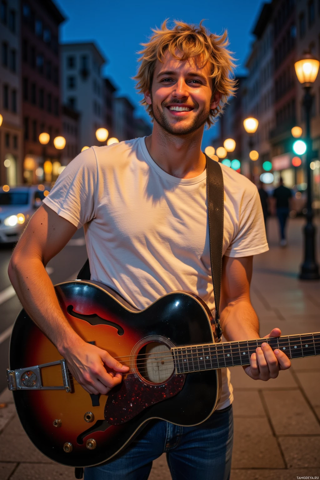 A man with a guitar smiles on a city street at dusk.