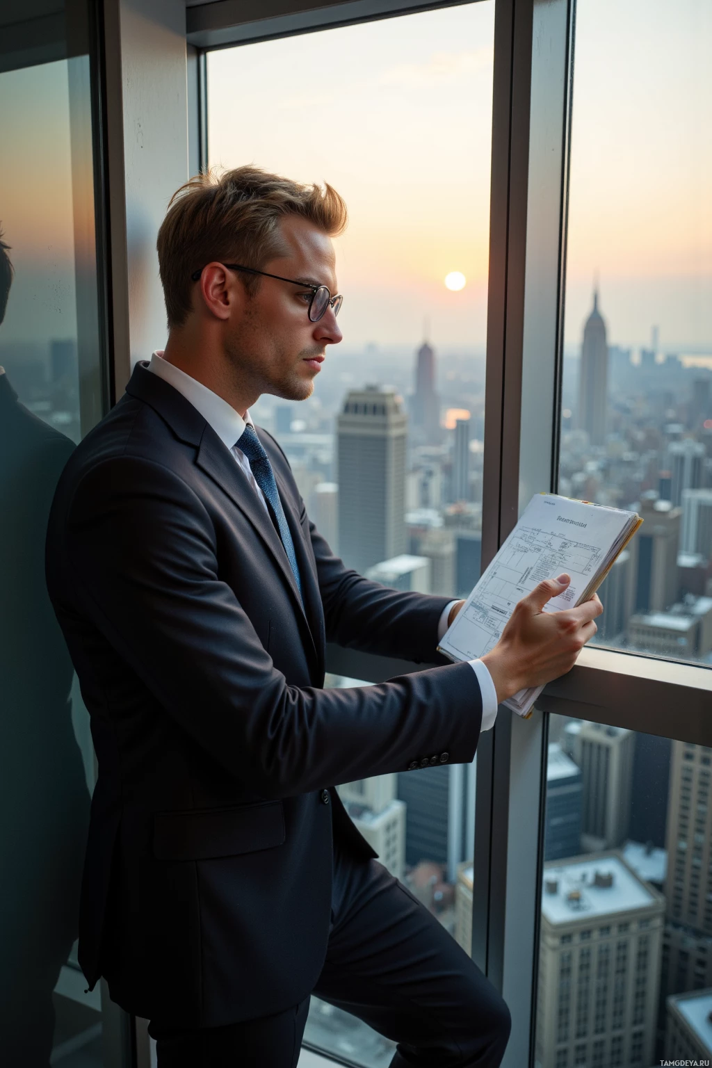A man in a suit stands by a window, gazing at a cityscape at sunset.