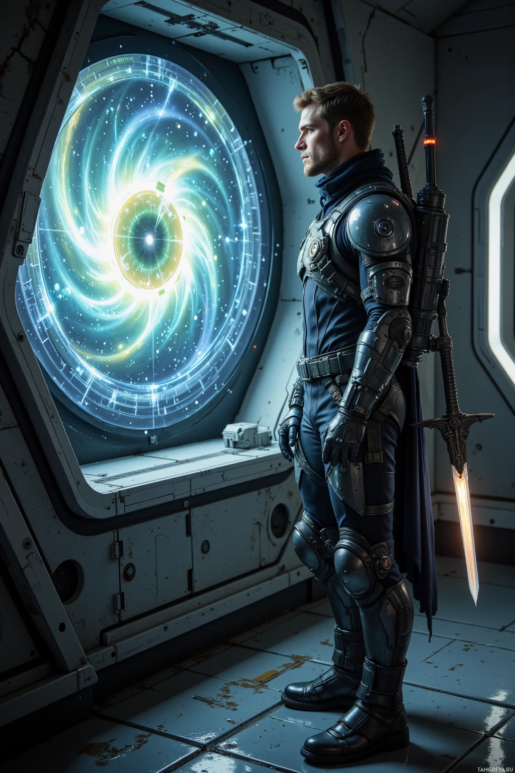 A futuristic soldier stands in a spacecraft, gazing out at a glowing cosmic scene.