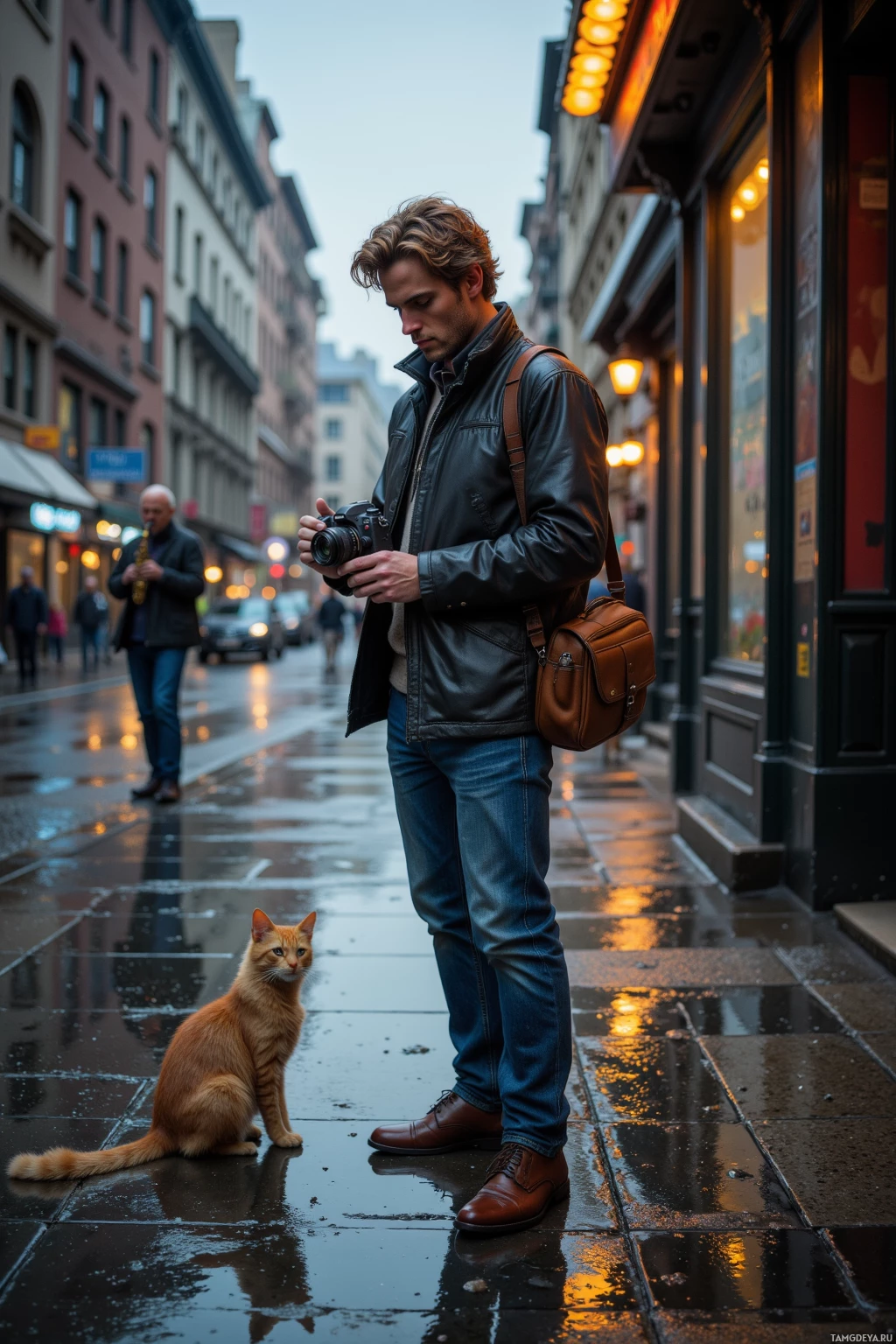 A man stands on a wet street holding a camera, with a cat sitting nearby.