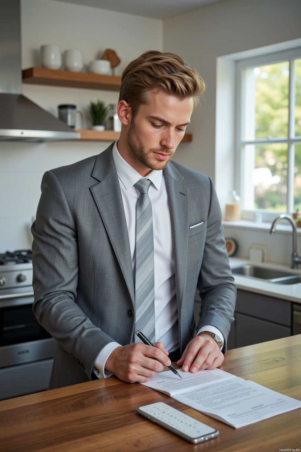 A man in a suit signs a document at a kitchen counter.
