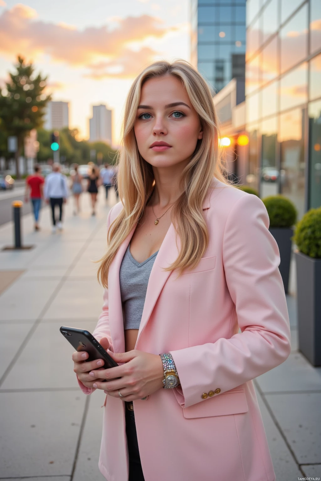 A woman in a pink blazer stands on a city sidewalk holding a phone.