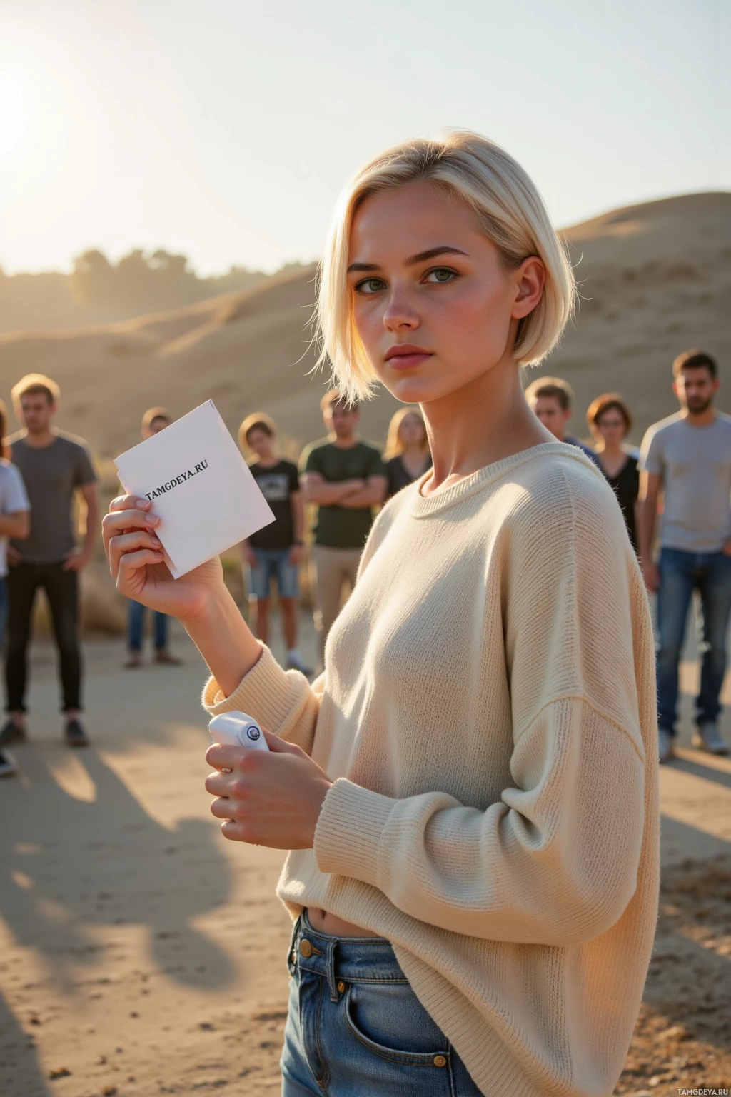 A woman stands in a desert-like setting holding a piece of paper, with a group of people in the background.