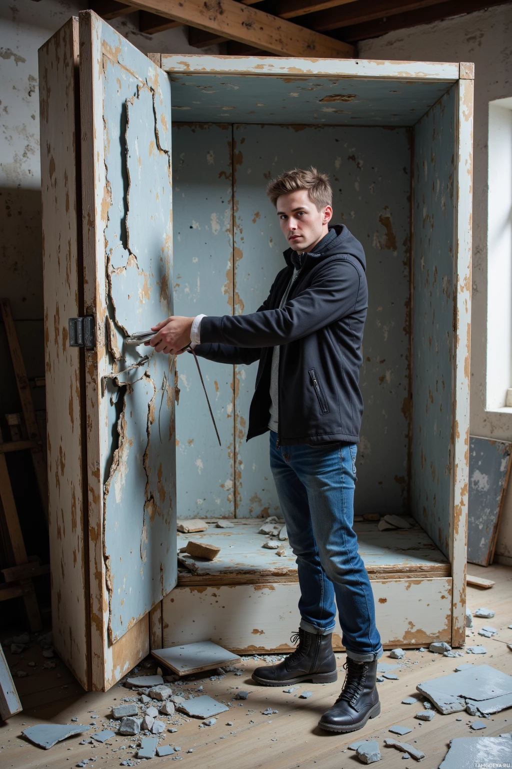A person stands in a room with peeling paint and debris, holding a tool near a damaged door.