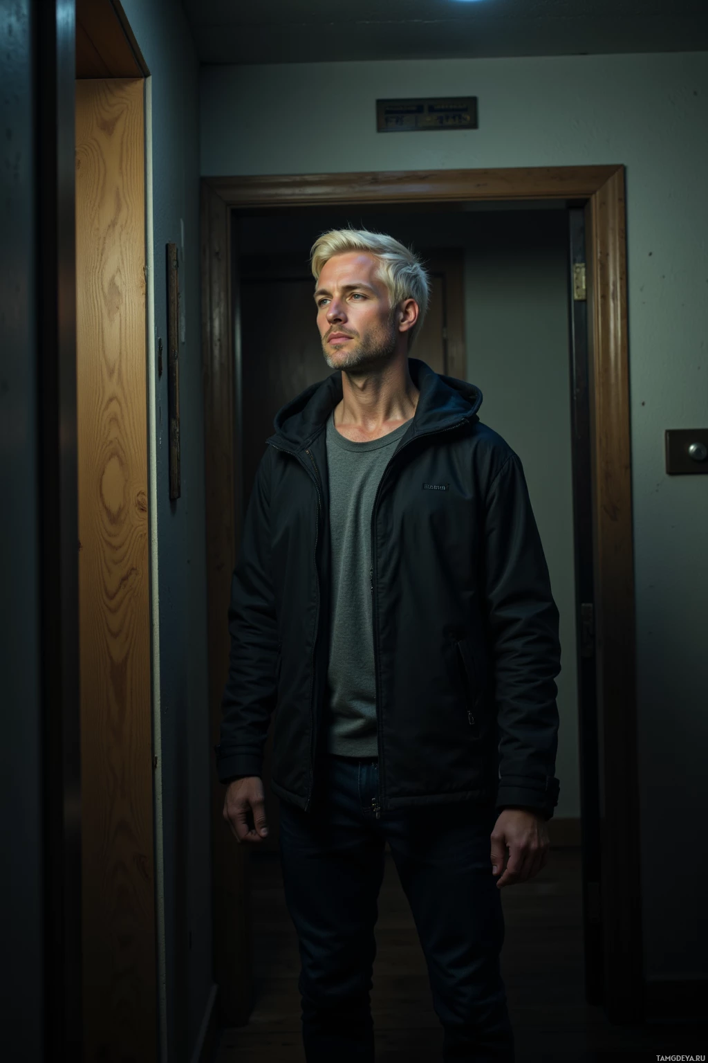 A man stands in a dimly lit hallway, wearing a black jacket and jeans.