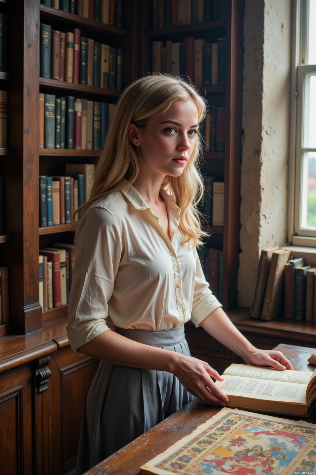 A woman stands in a library, holding an open book.