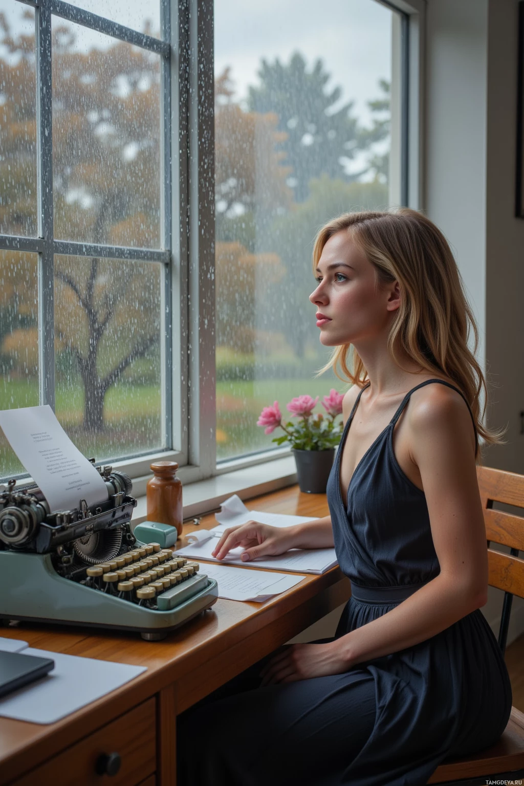 A woman sits at a desk with a typewriter, looking out a window with raindrops falling.