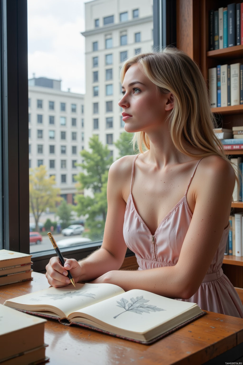 A woman sits at a desk by a window, sketching a leaf in a notebook.
