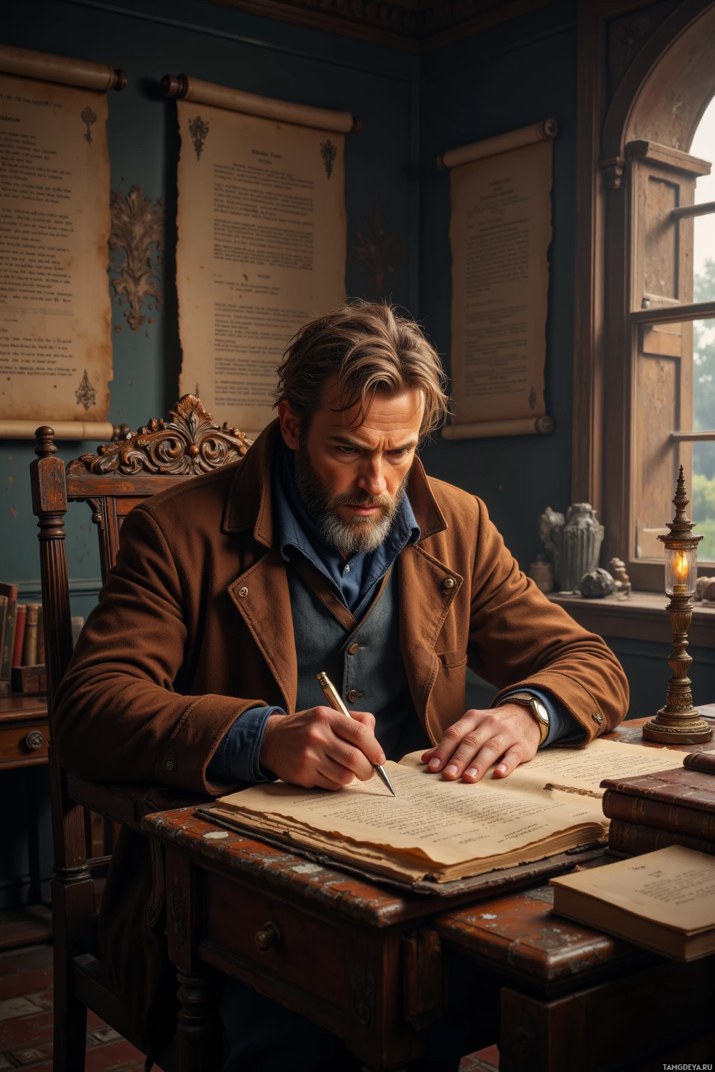 A man in a brown coat sits at a desk, writing in a book with a quill pen.