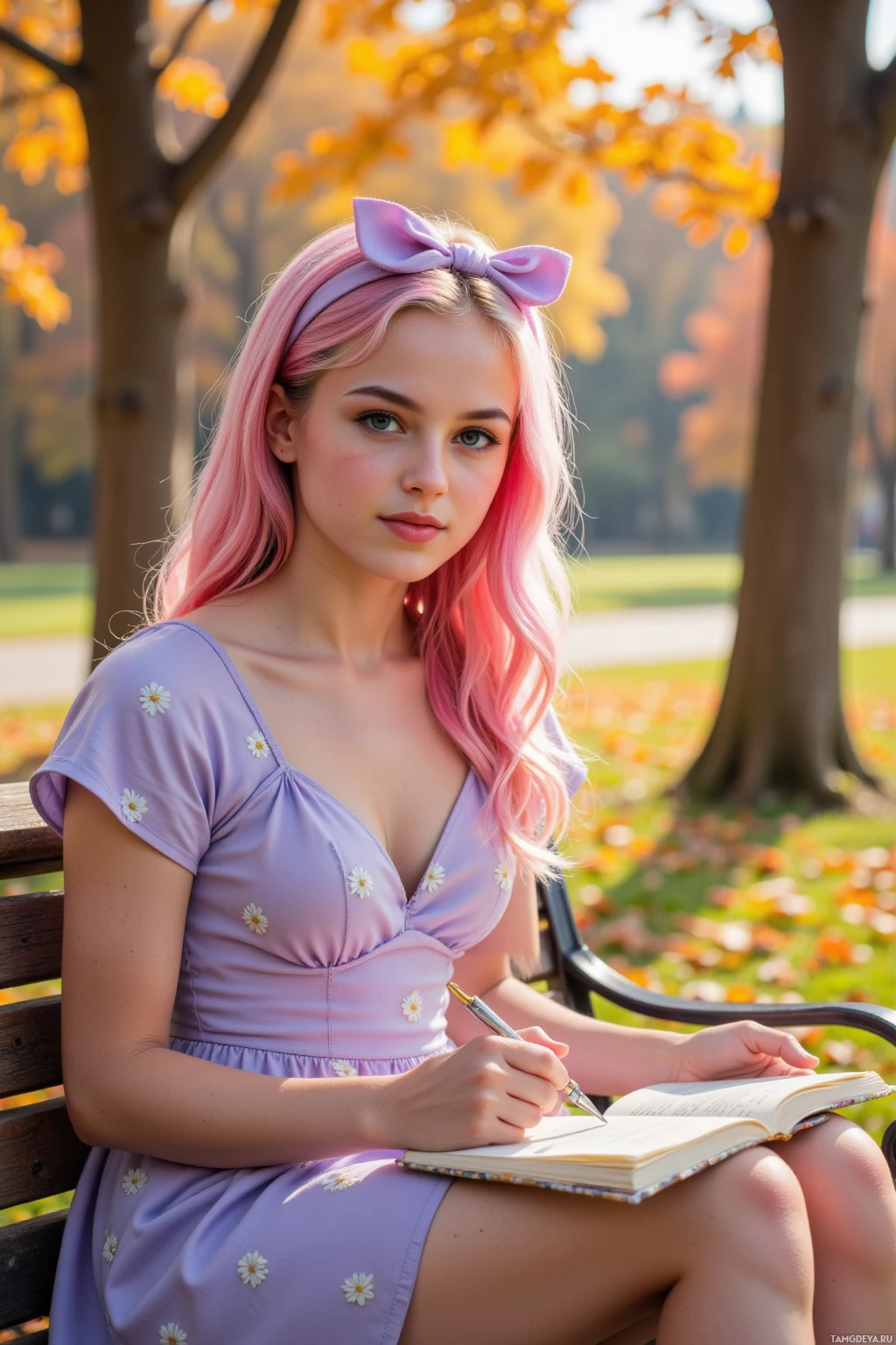 A young woman with pink hair sits on a bench in a park, writing in a notebook.
