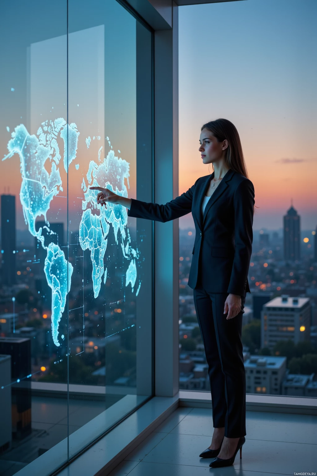 A woman in a suit points at a digital world map projected on a window.