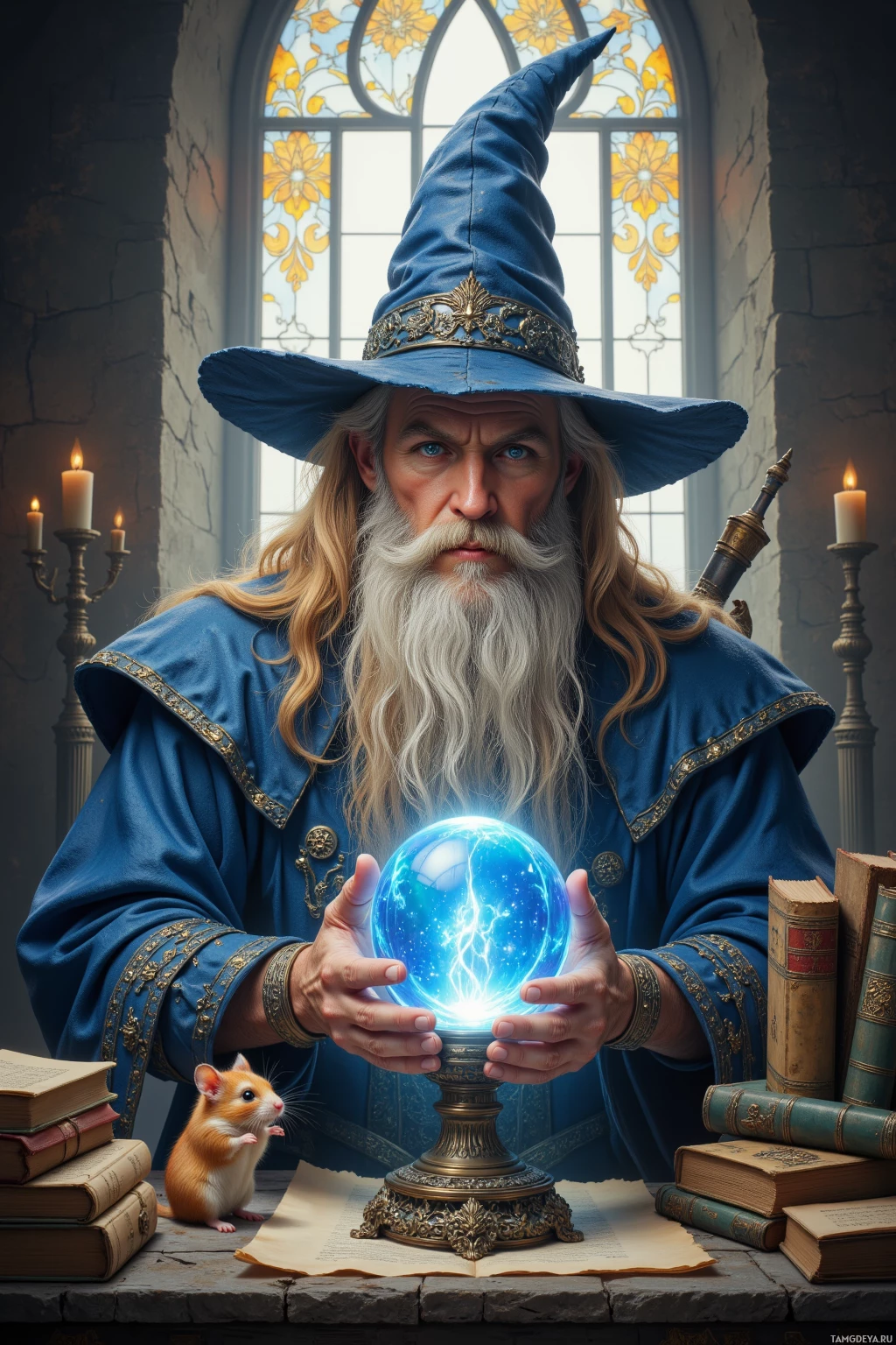 A wizard in a blue robe holds a glowing crystal ball, surrounded by books and a small hamster.
