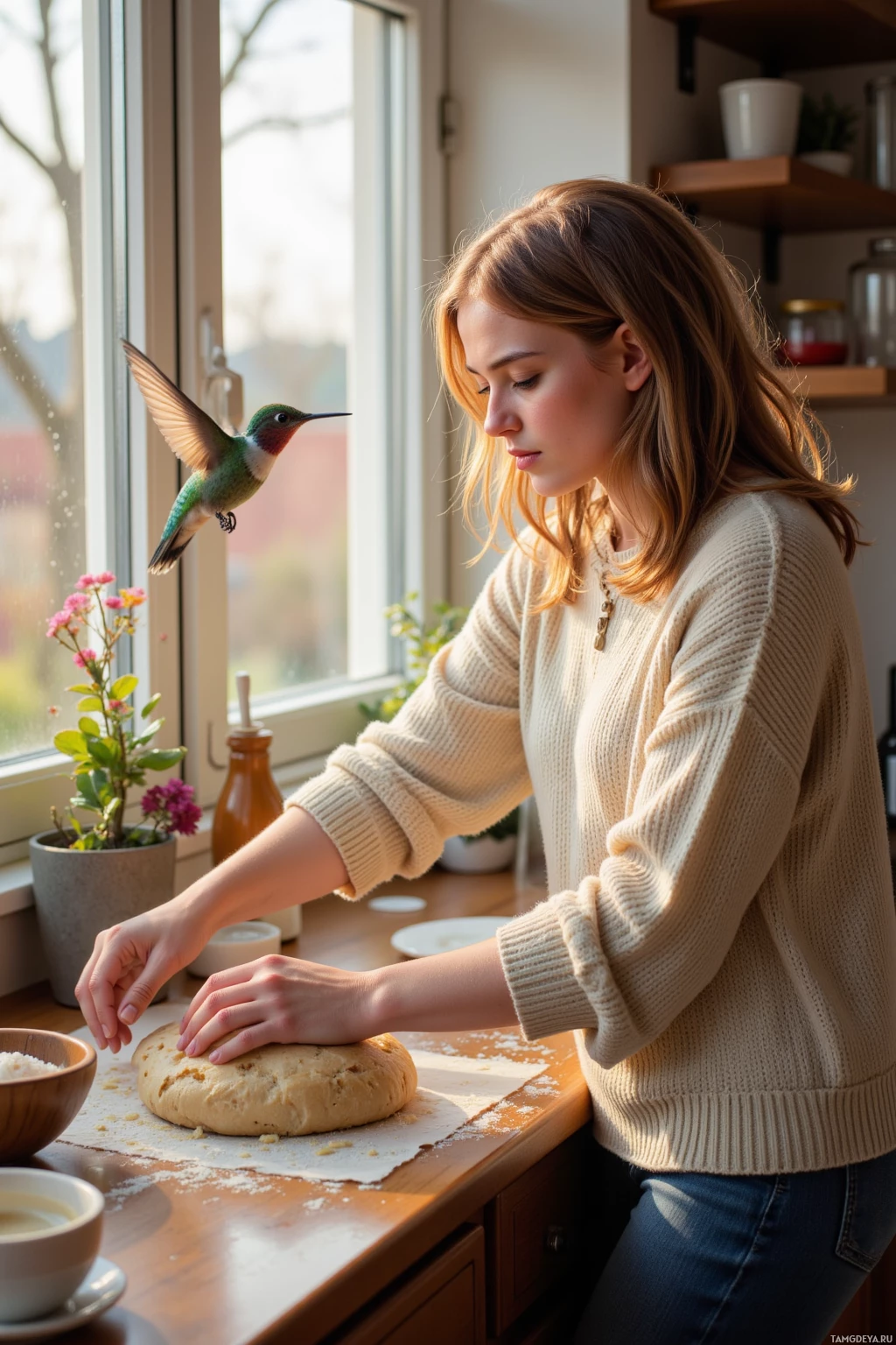 A woman kneads dough on a wooden countertop near a window.