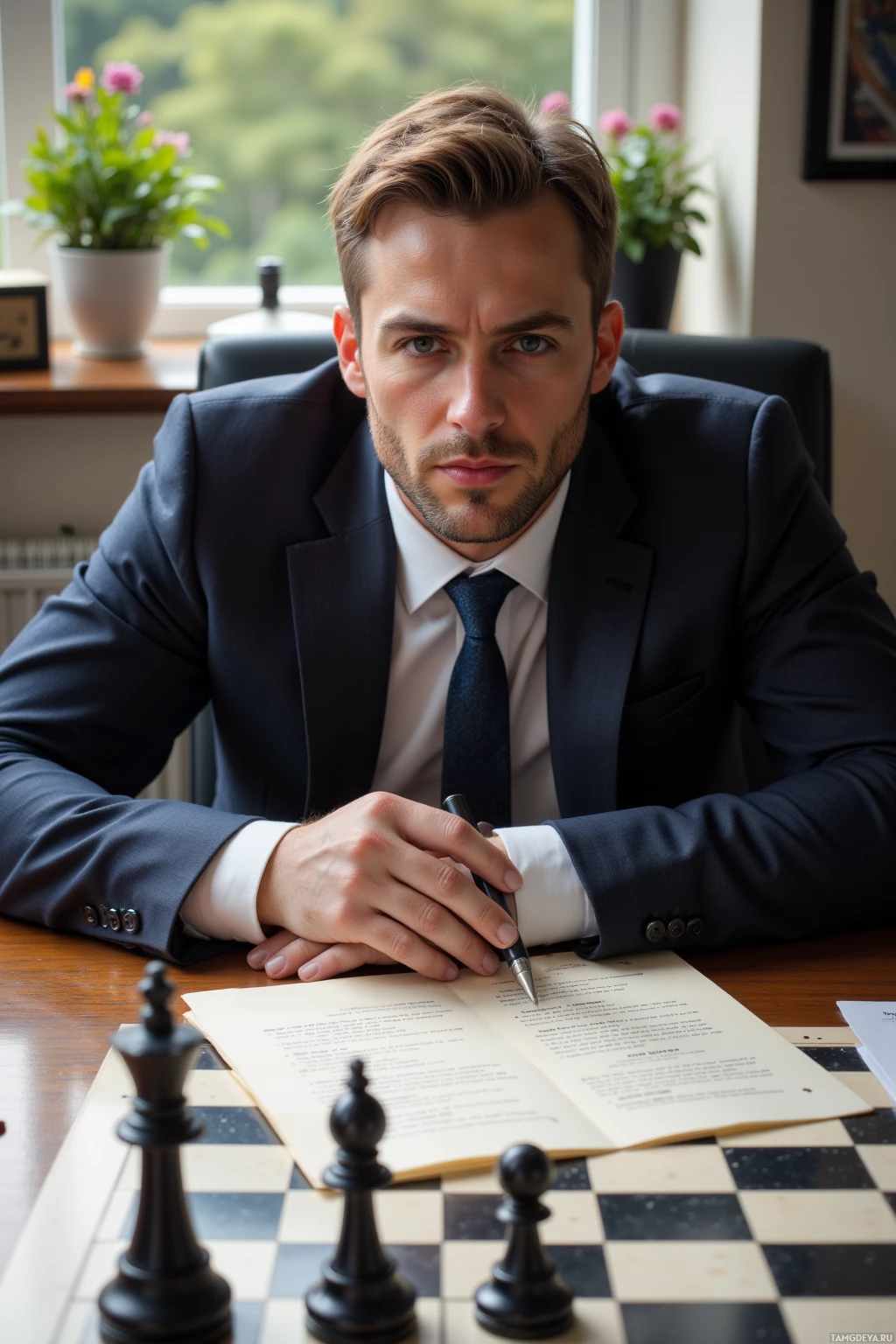 A man in a suit sits at a desk with a chessboard and papers in front of him.